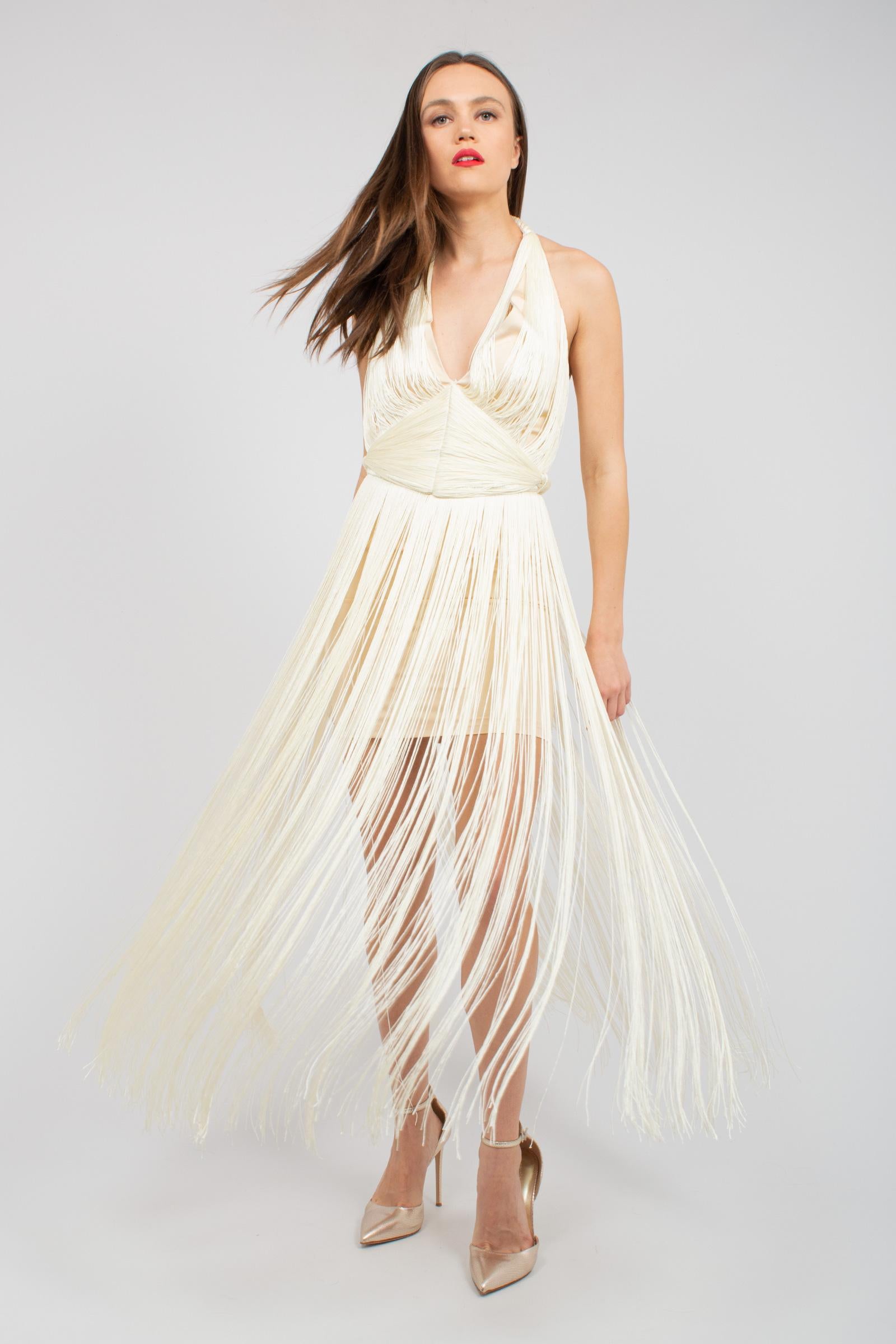 abito con frange all over 'sahara' RO057 BONE ROSANNA OCAMPO