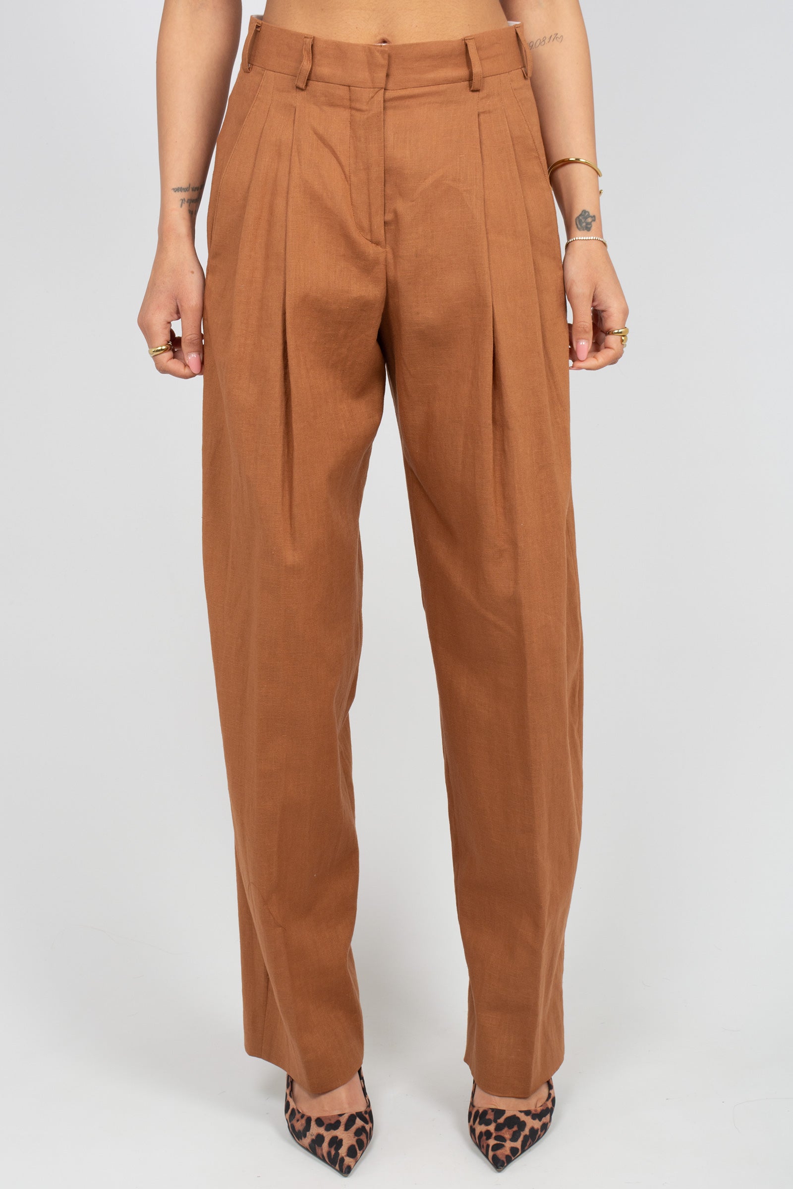 pantalone con pinces in lino S6PKWOPA039 910 A PAPER KID 