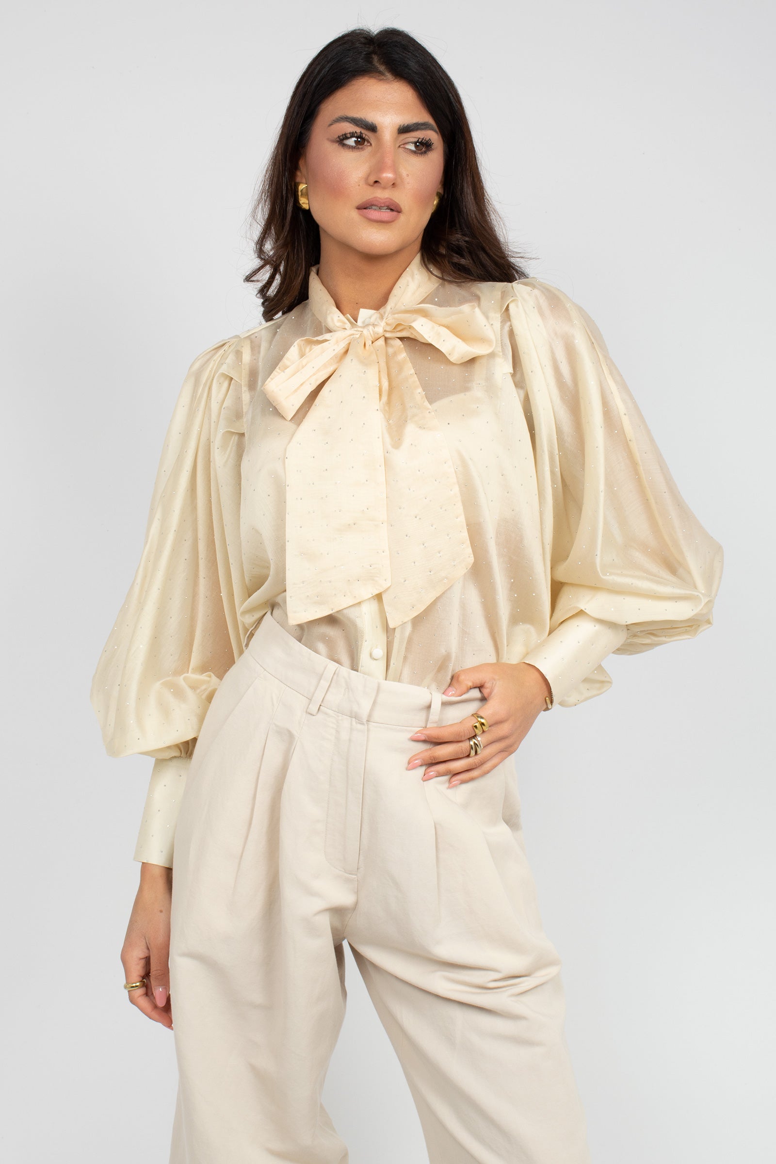 camicia con fiocco in lyocell e microborchie CA612ART16148 BEIGE ACTUALEE 