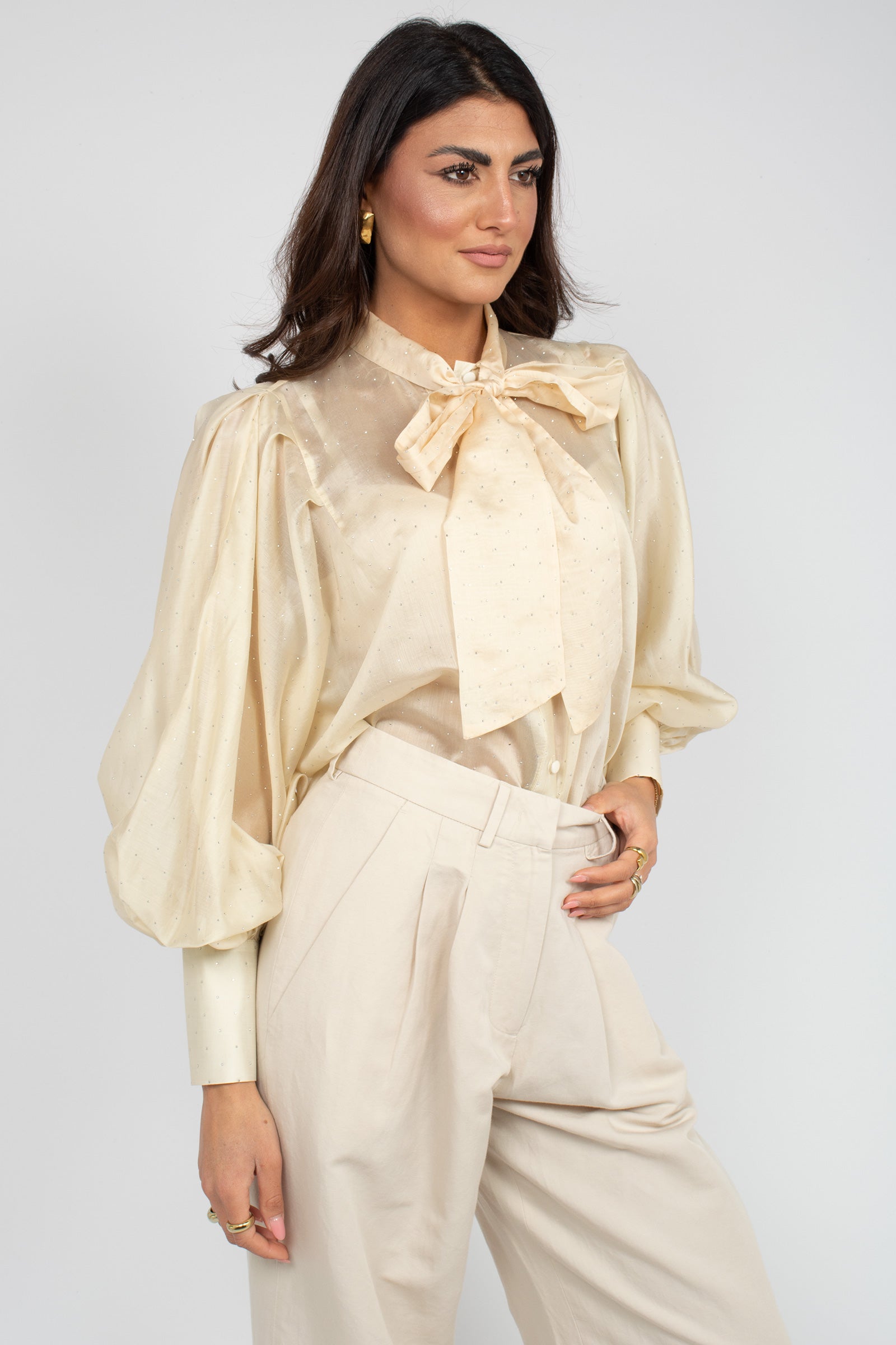 camicia con fiocco in lyocell e microborchie CA612ART16148 BEIGE ACTUALEE 