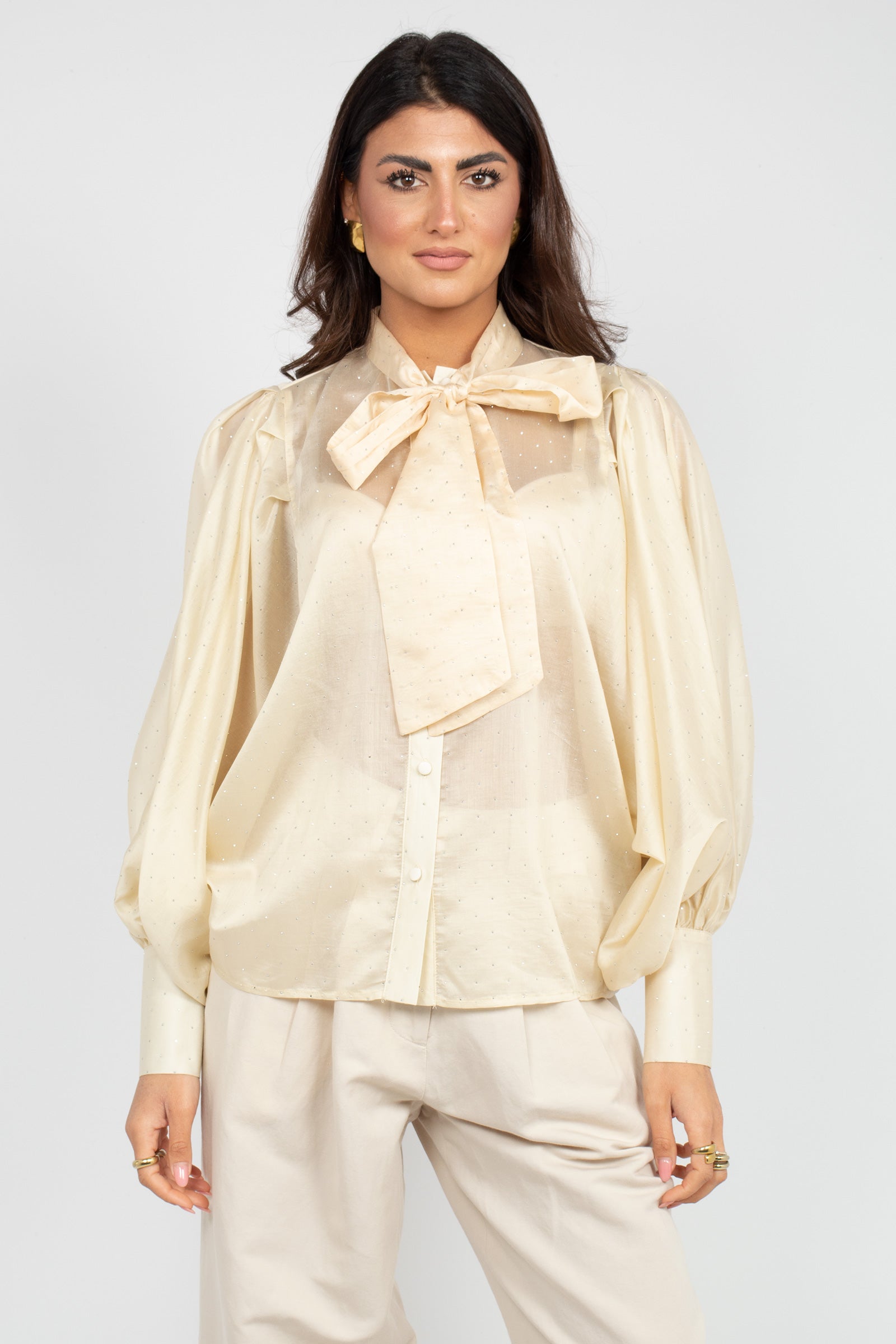 camicia con fiocco in lyocell e microborchie CA612ART16148 BEIGE ACTUALEE 