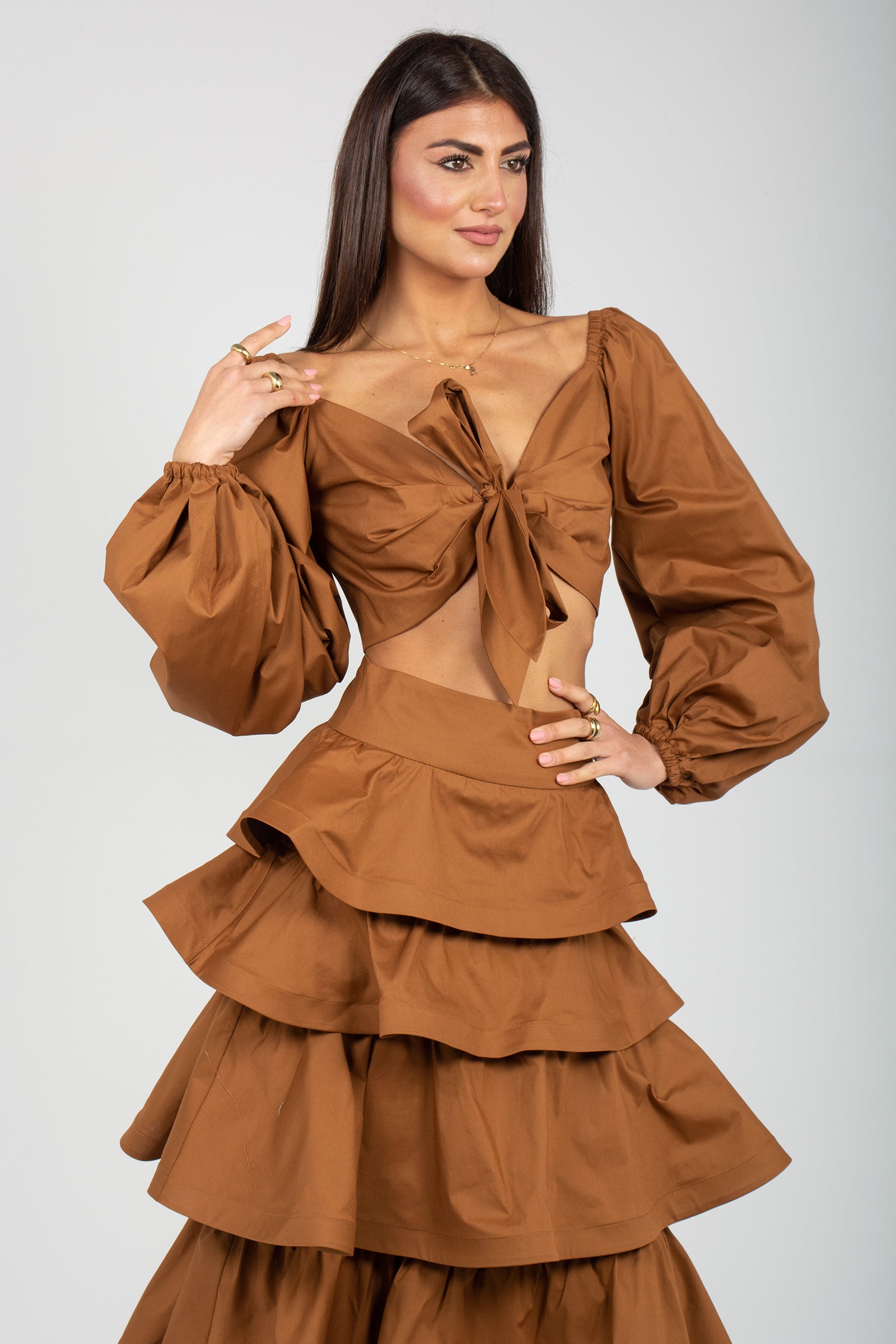 top con manica a sbuffo in cotone TO307ART16202 BROWN ACTUALEE 