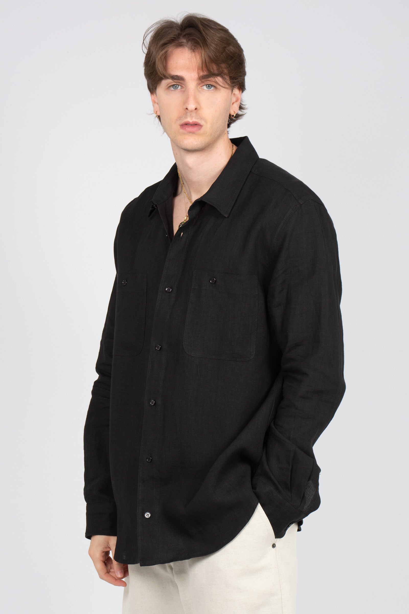 camicia oversize in lino B6AB0018 BLACK AMARANTO 