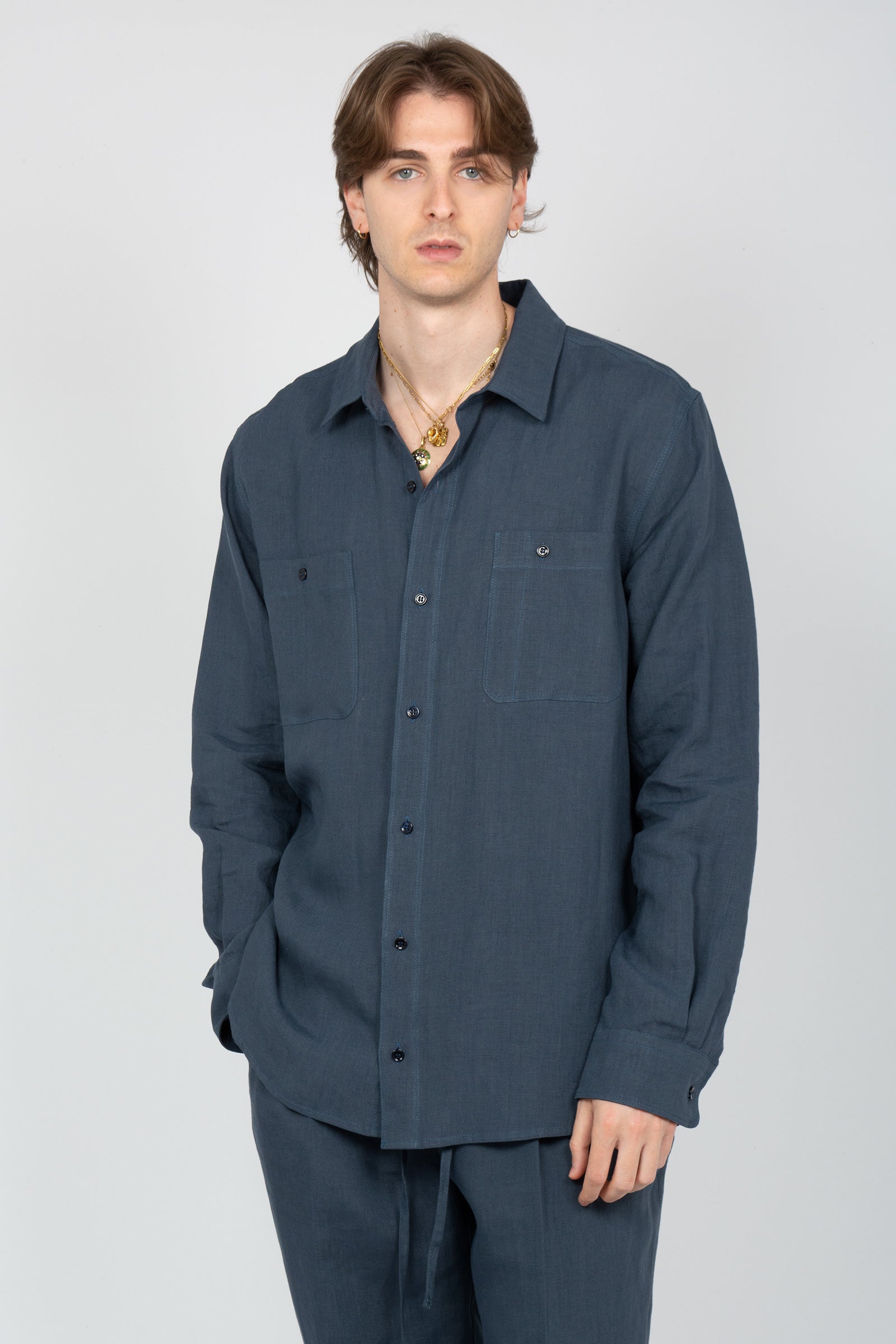camicia oversize in lino B6AB0018 BLUE AMARANTO 
