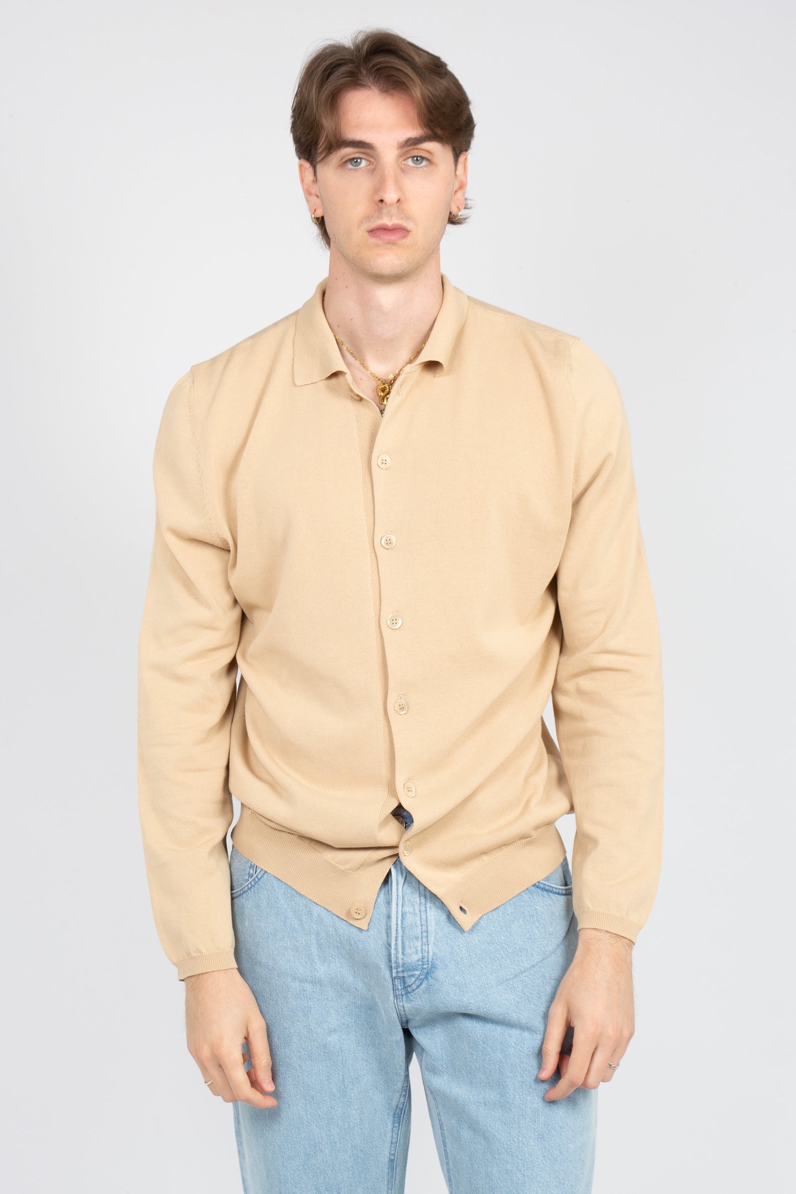 camicia in filo di cotone B9AB0052 BEIGE AMARANTO 