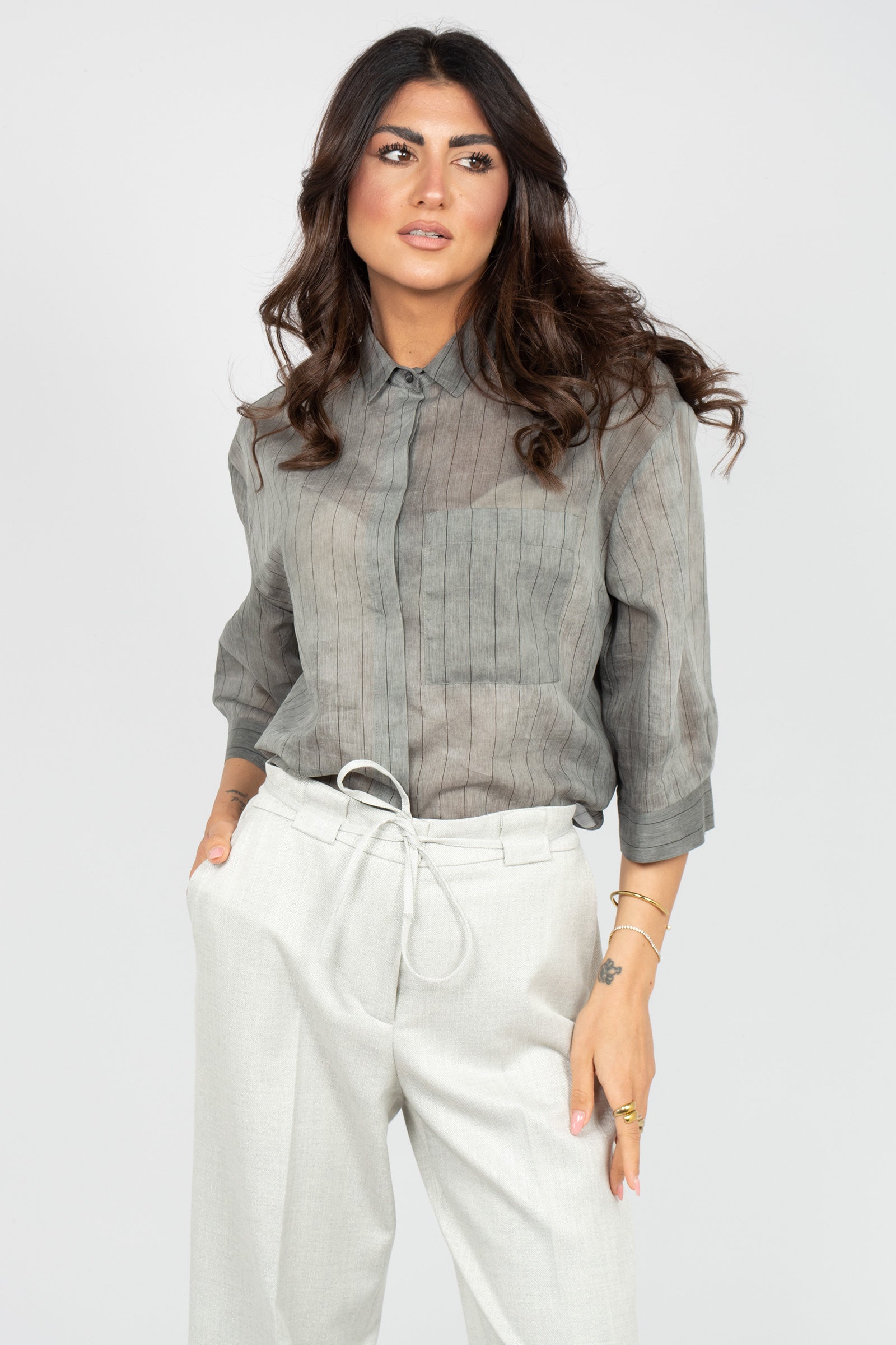 camicia gessata in cotone e seta E26620U50 79 BIANCALANCIA 