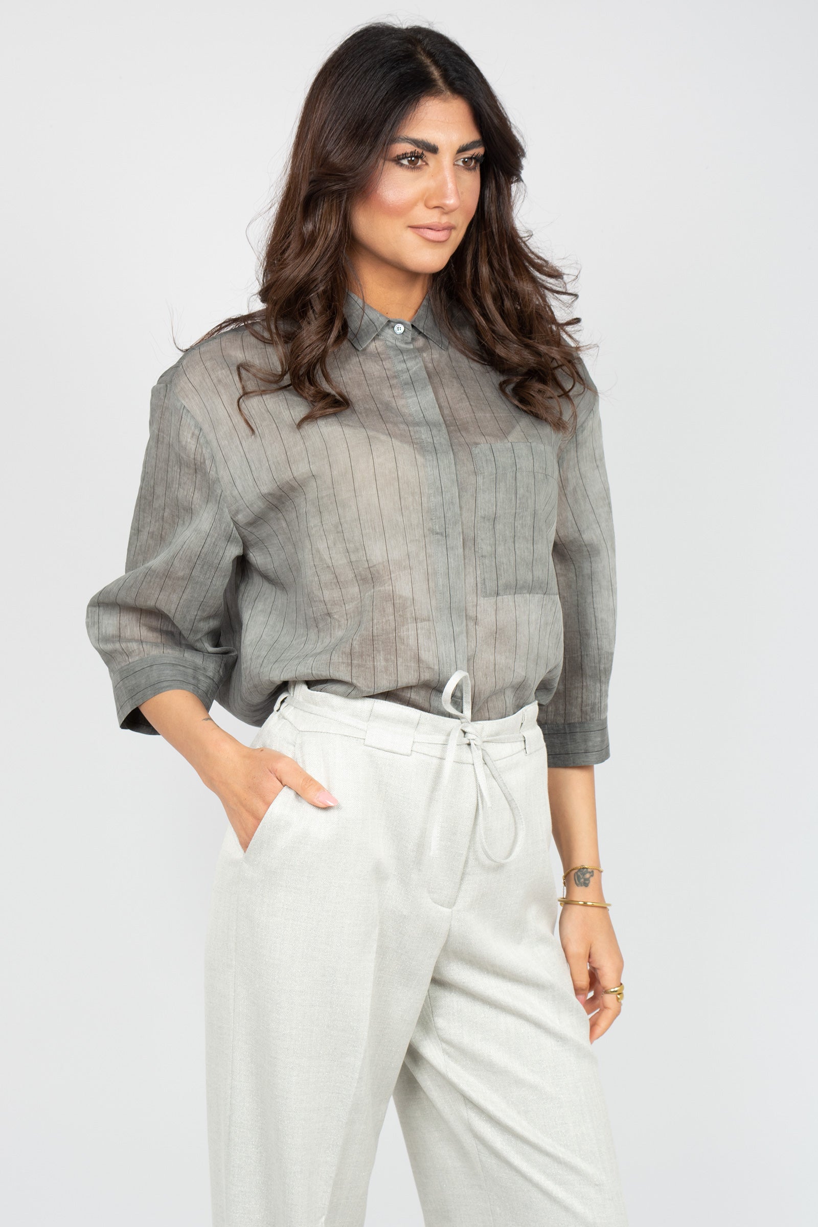 camicia gessata in cotone e seta E26620U50 79 BIANCALANCIA 