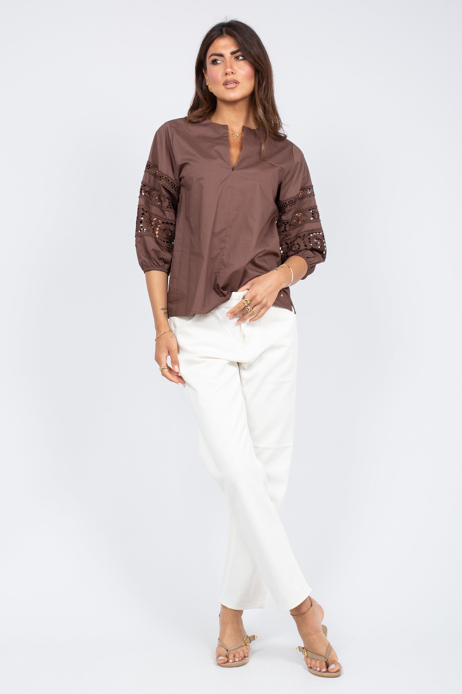 blusa in cotone e pizzo 261M1265 CAFFE MAIDA MILA 