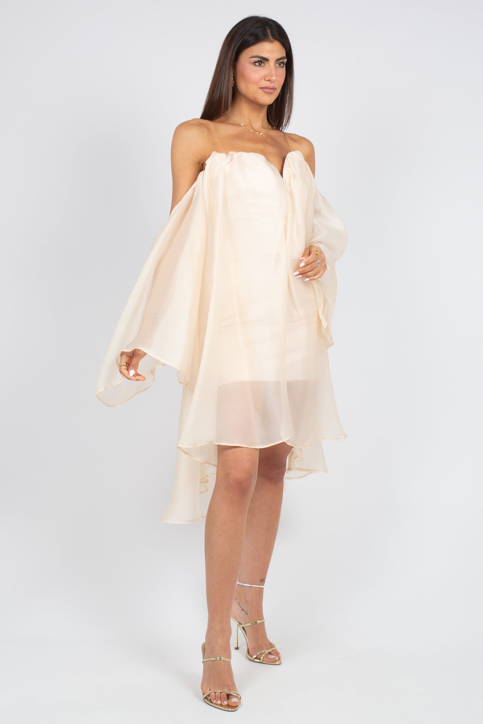 abito corto con balze in organza MS2603 POWDER MIRIAM STELLA 