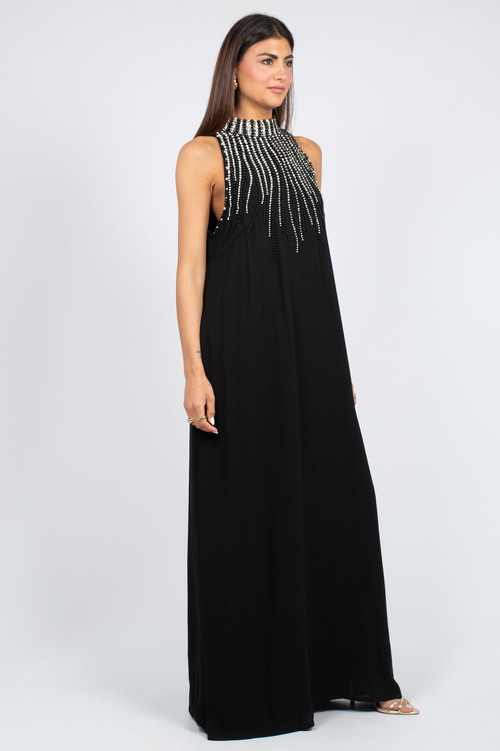 abito lungo con ricami e perle sul collo MS2630 BLK MIRIAM STELLA 