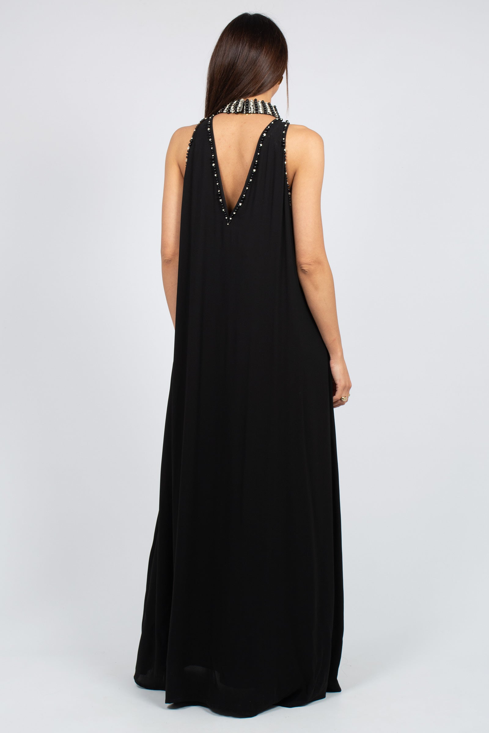 abito lungo con ricami e perle sul collo MS2630 BLK MIRIAM STELLA 