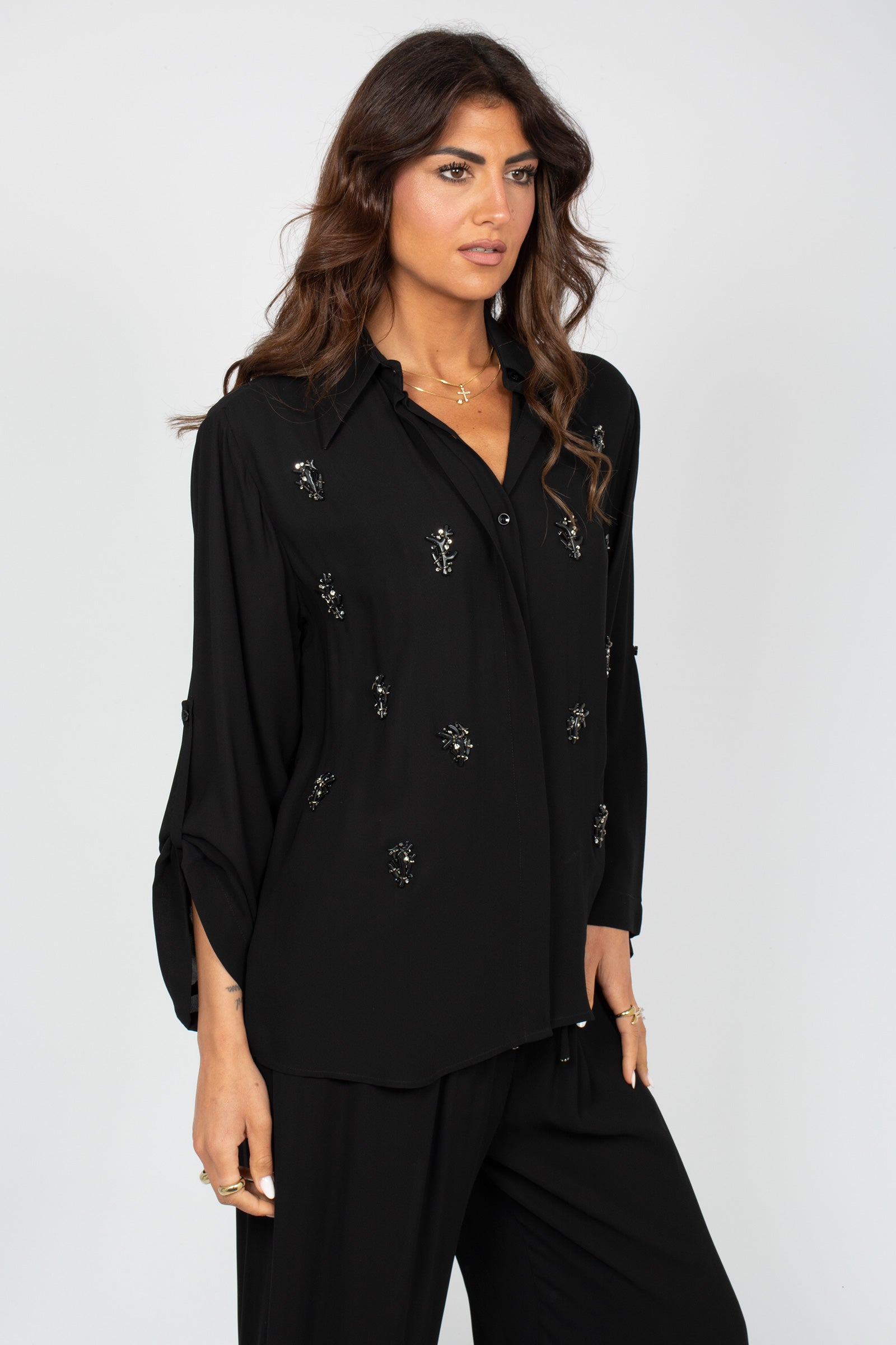 camicia con ricami coralli MS2651 BLACK MIRIAM STELLA 