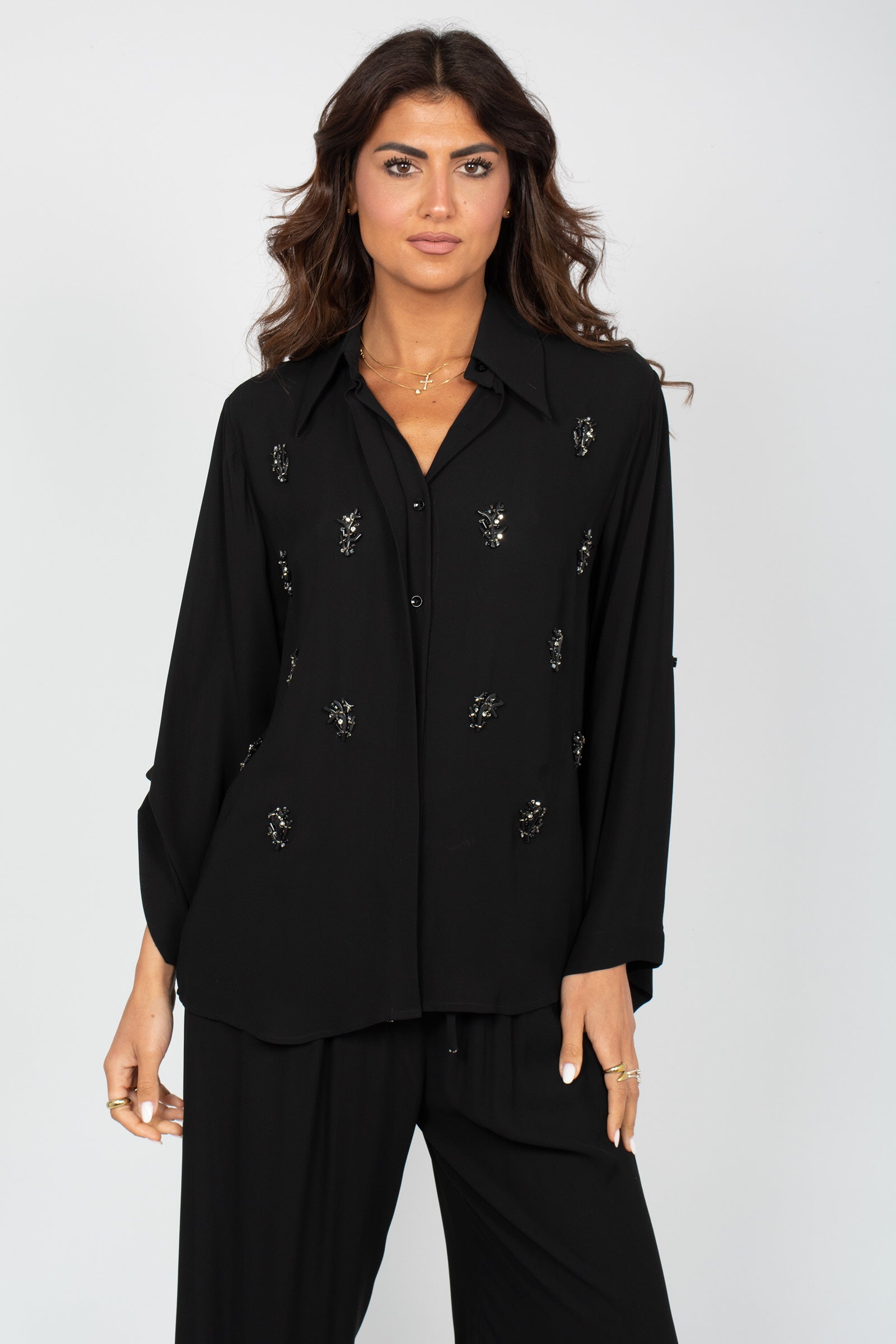 camicia con ricami coralli MS2651 BLACK MIRIAM STELLA 