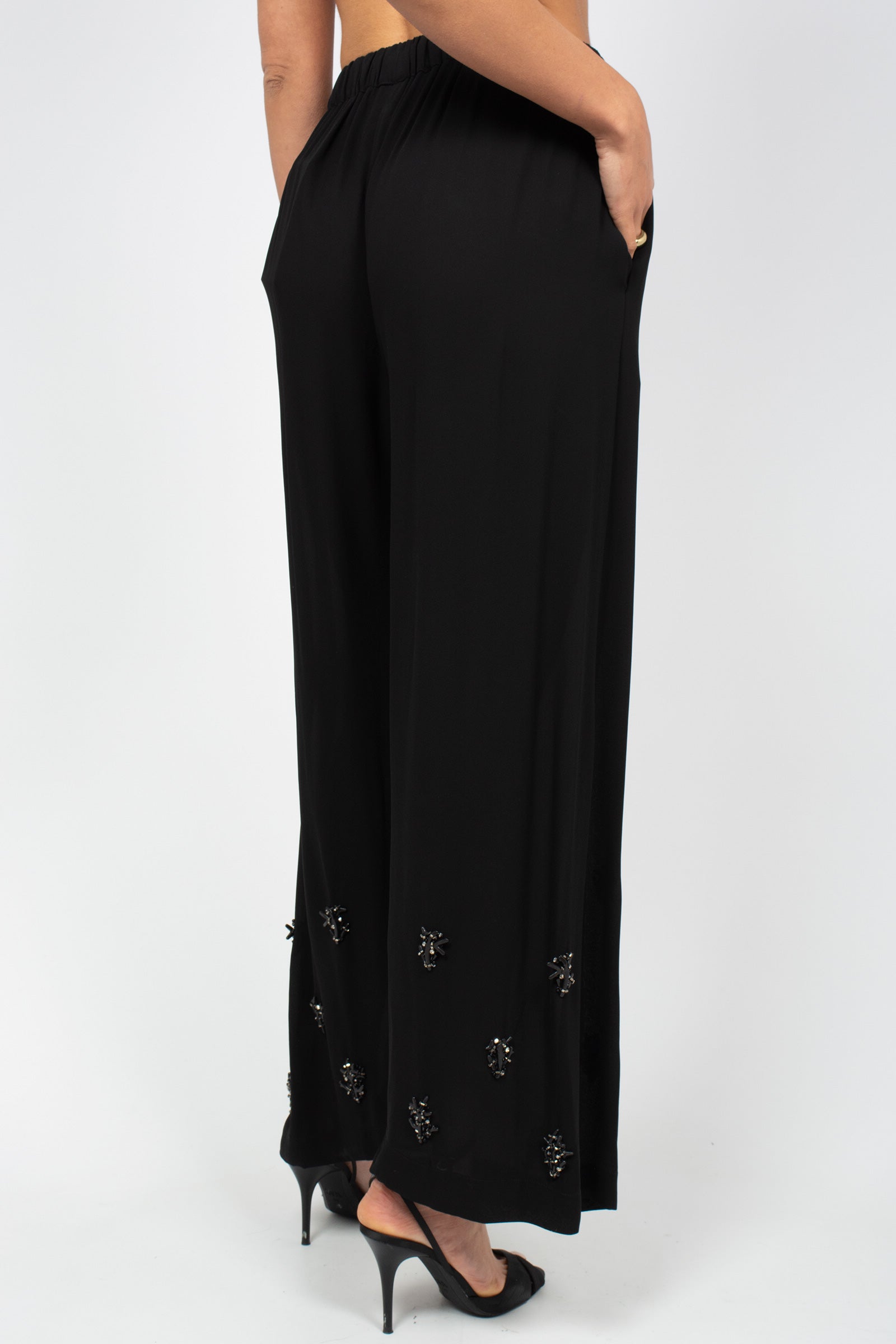 pantalone con ricamo coralli MS2652 BLACK MIRIAM STELLA 