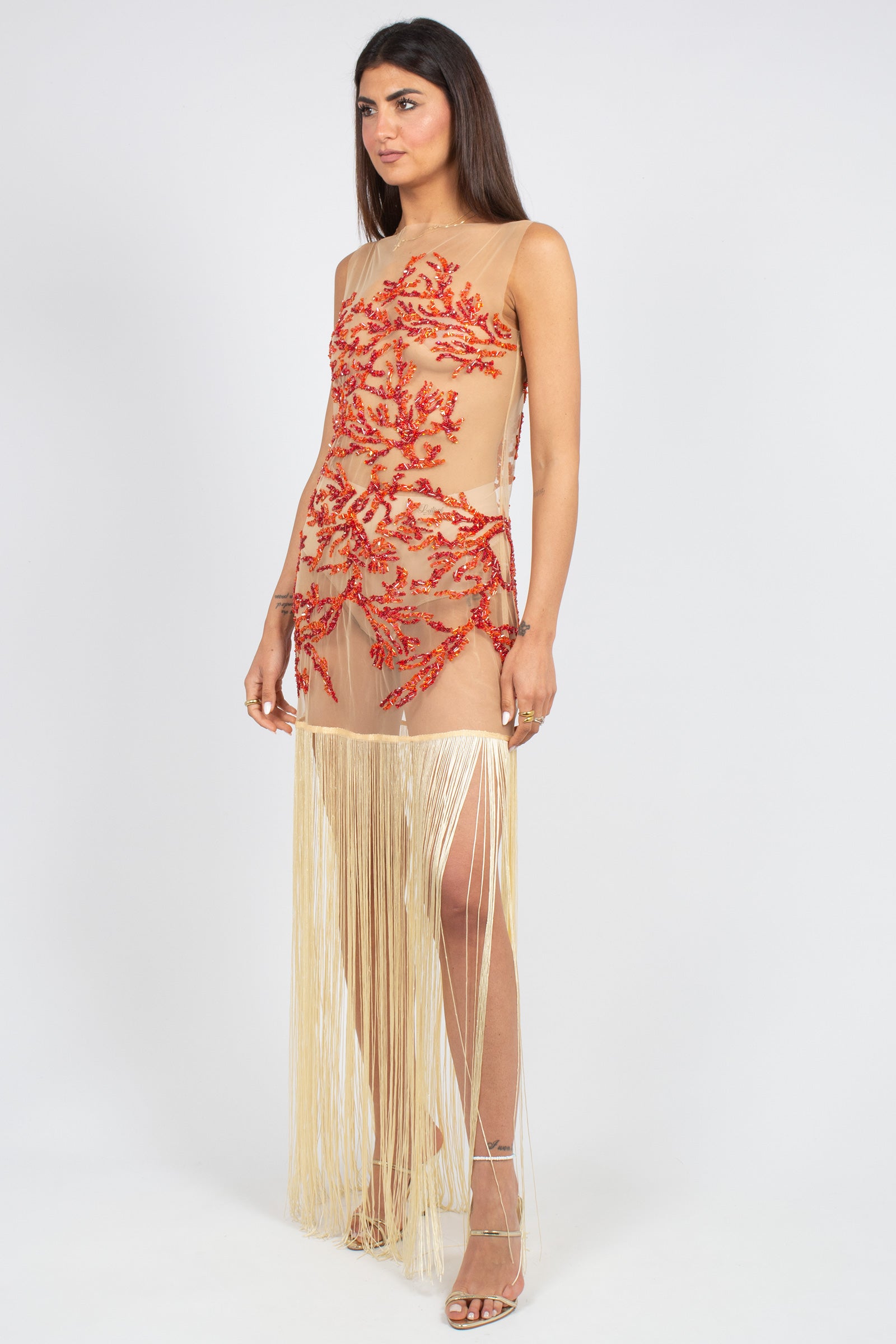 abito in tulle ricamato con frange MS2662 CORAL MIRIAM STELLA 