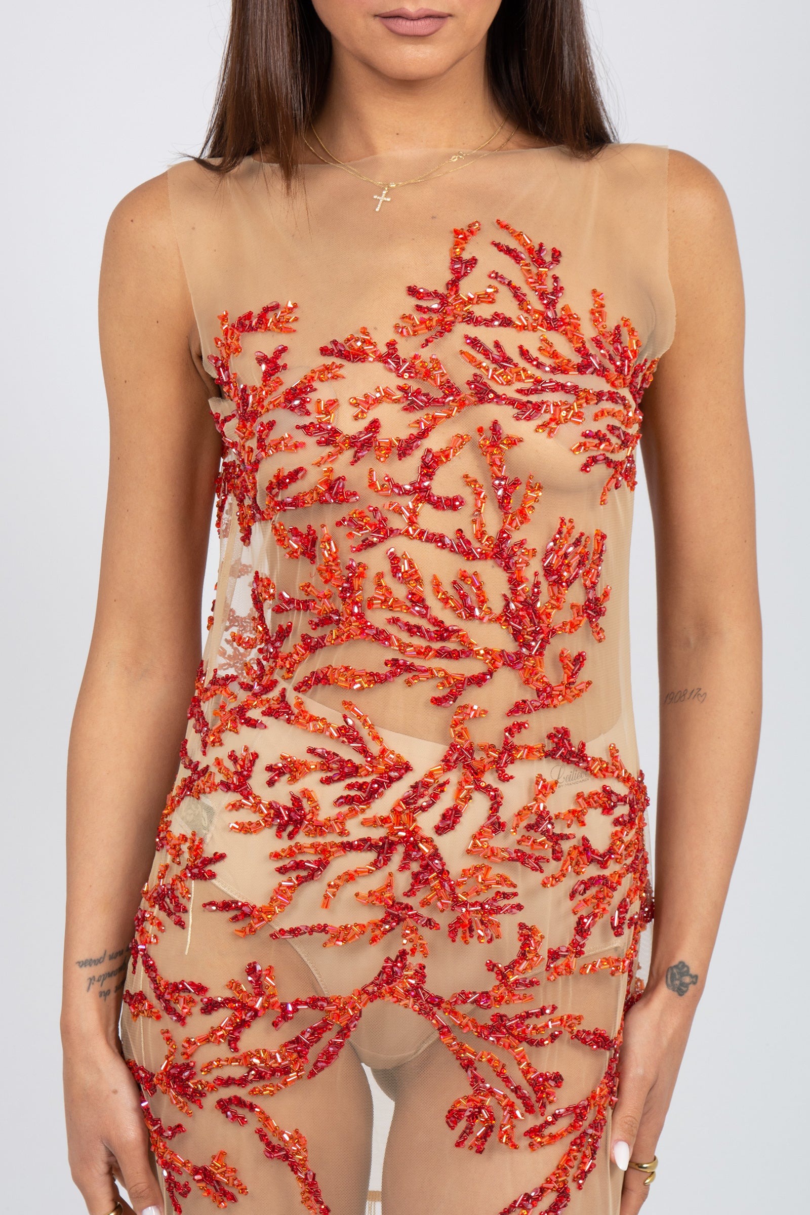 abito in tulle ricamato con frange MS2662 CORAL MIRIAM STELLA 