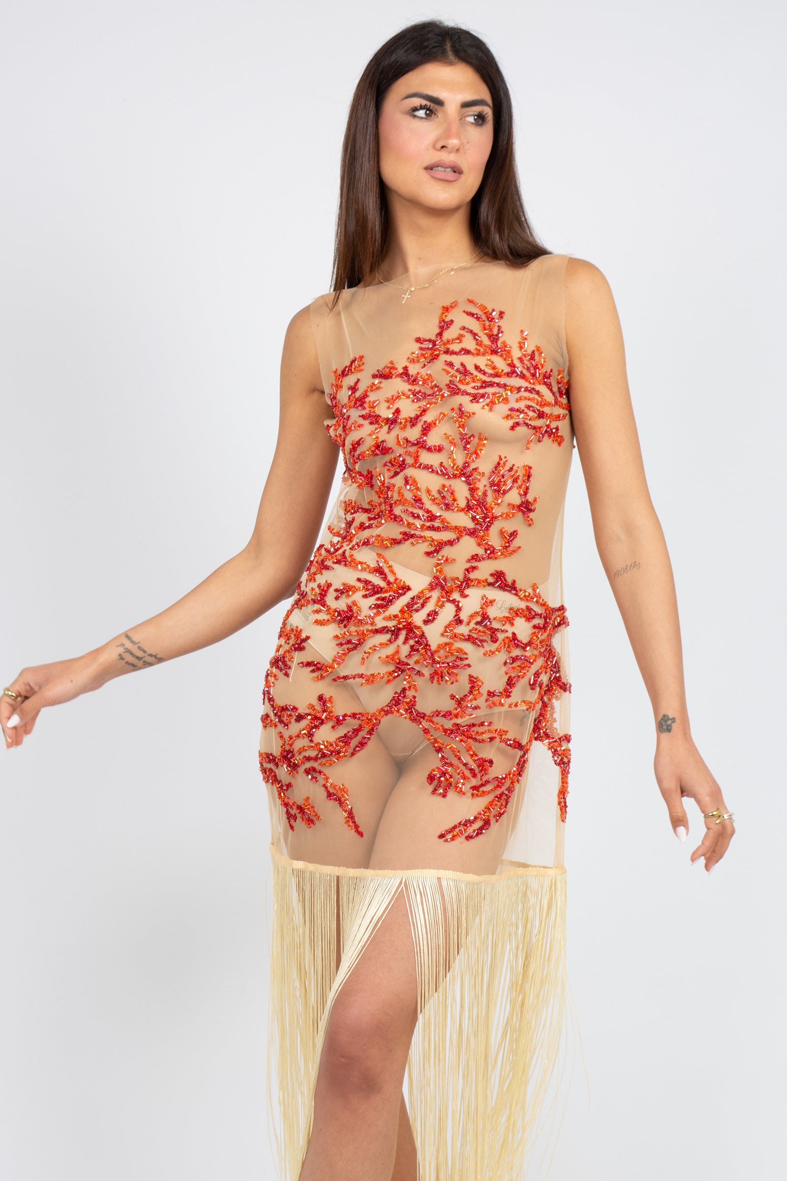 abito in tulle ricamato con frange MS2662 CORAL MIRIAM STELLA 