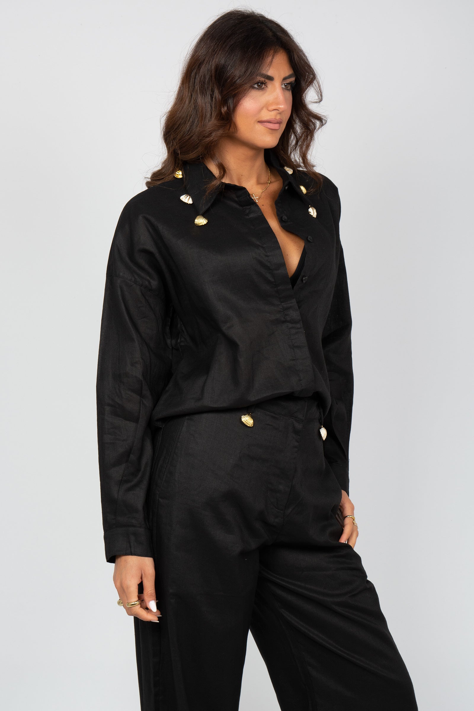 camicia in lino con conchiglie MSR2601 BLACK MIRIAM STELLA 