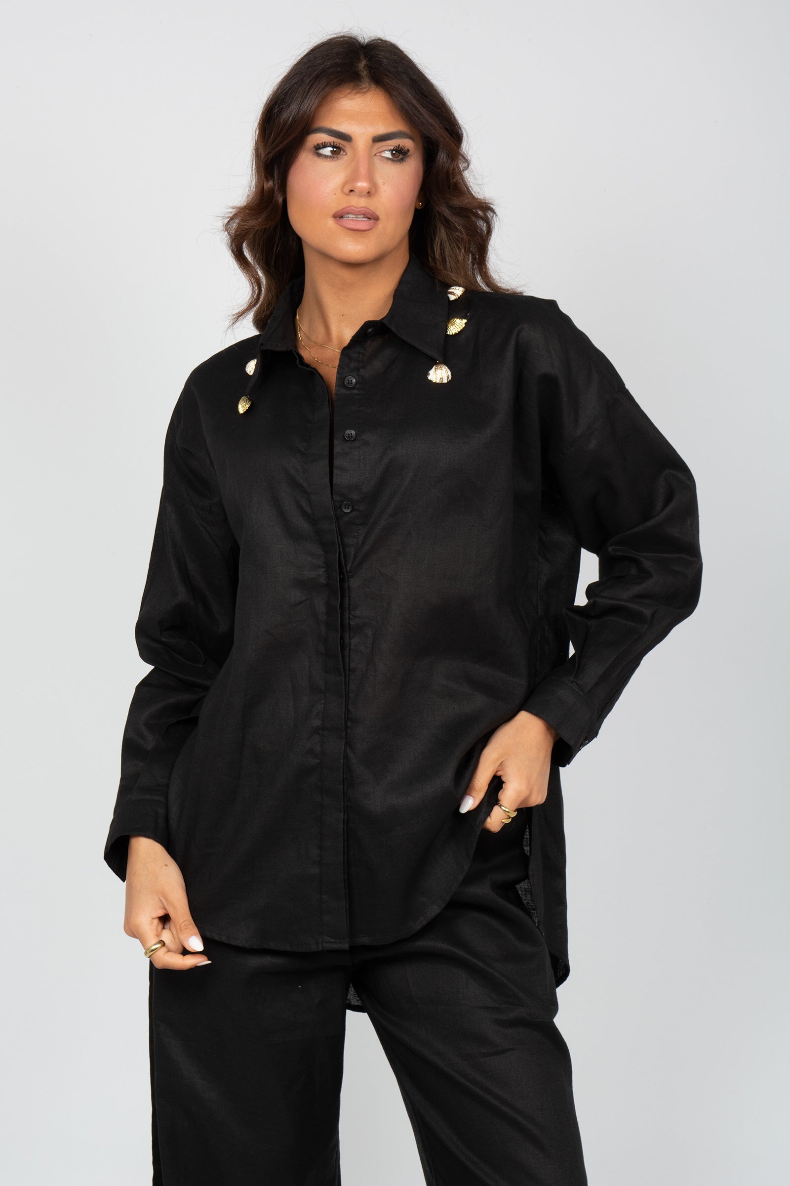 camicia in lino con conchiglie MSR2601 BLACK MIRIAM STELLA 