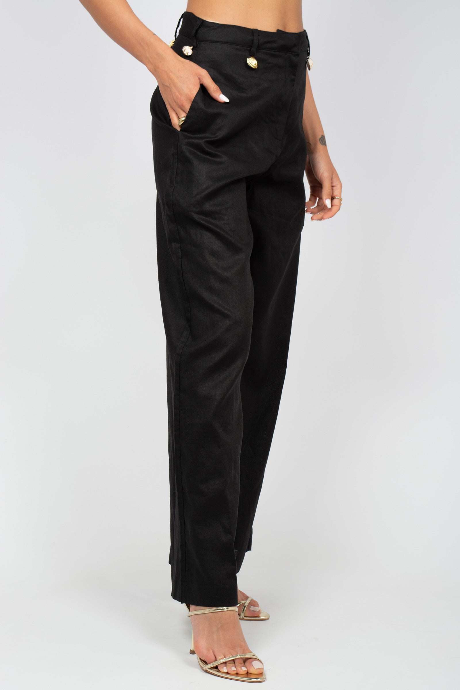 pantalone in lino con conchiglie MSR2602 BLACK MIRIAM STELLA 