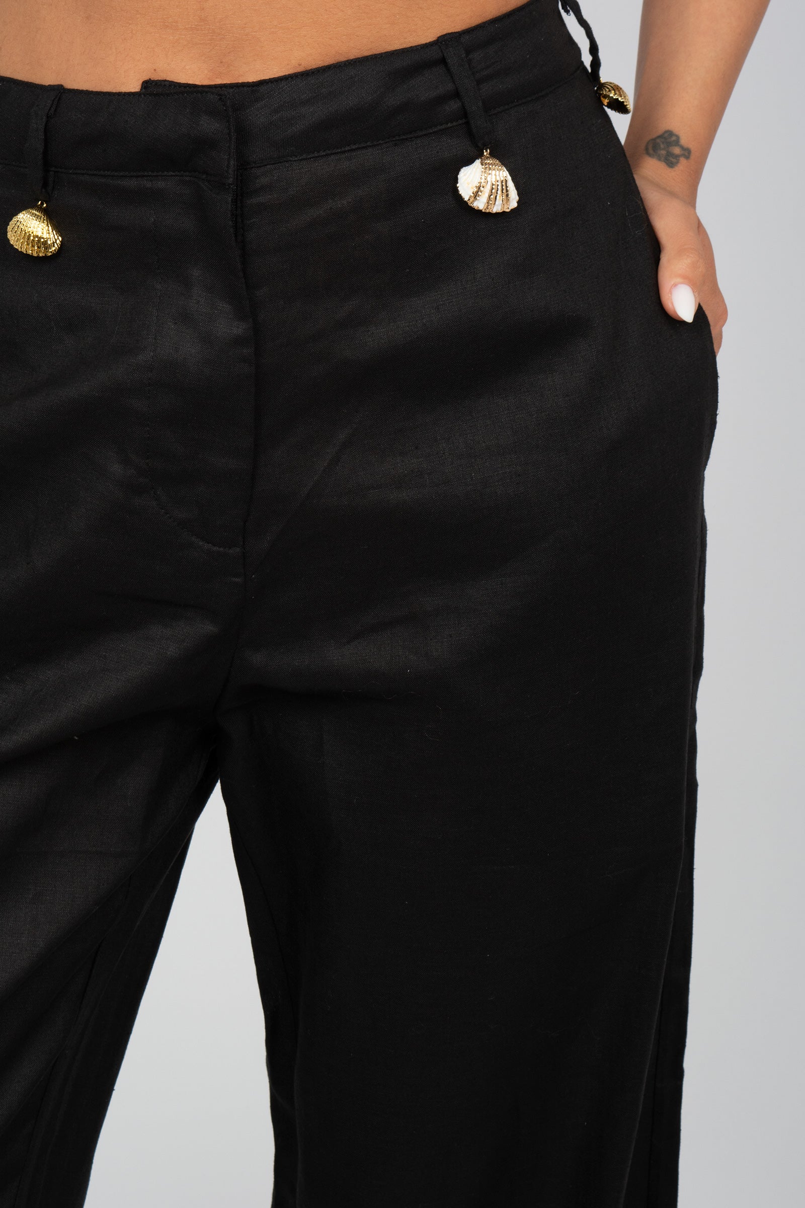 pantalone in lino con conchiglie MSR2602 BLACK MIRIAM STELLA 
