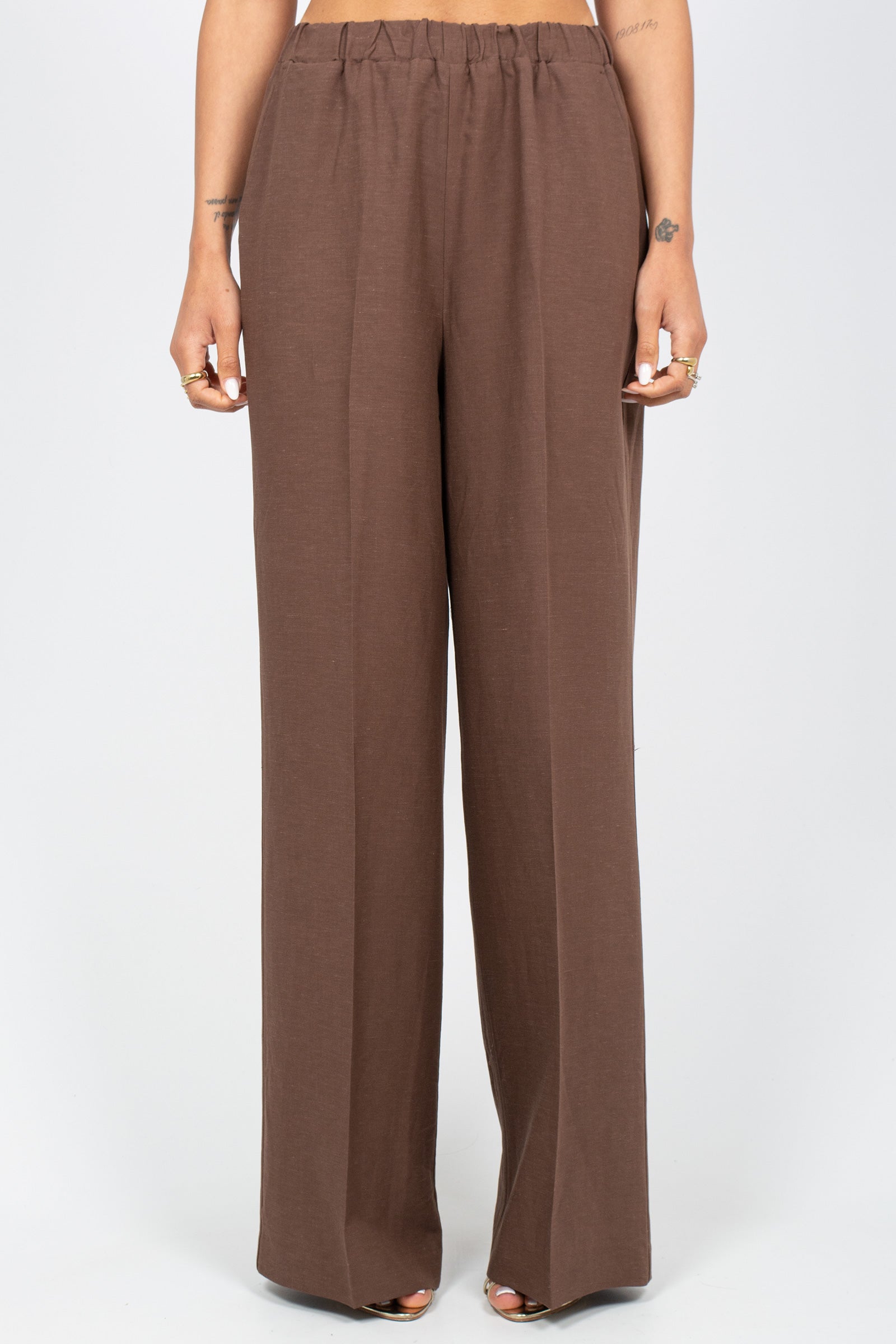 pantalone in lino e viscosa P833LINOVIS MARRONE SANGERMANO 