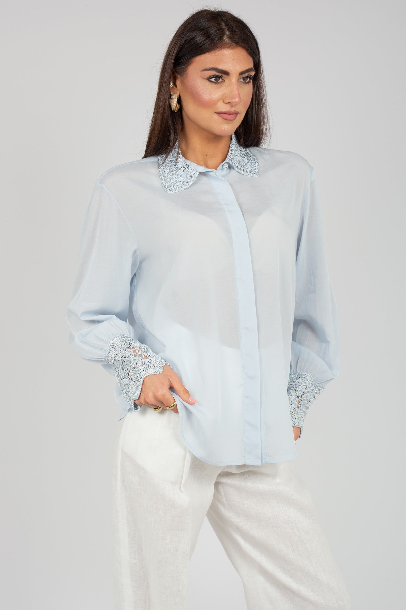 camicia in cotone e viscosa con macrame CA149650220722 700 SEVENTY 