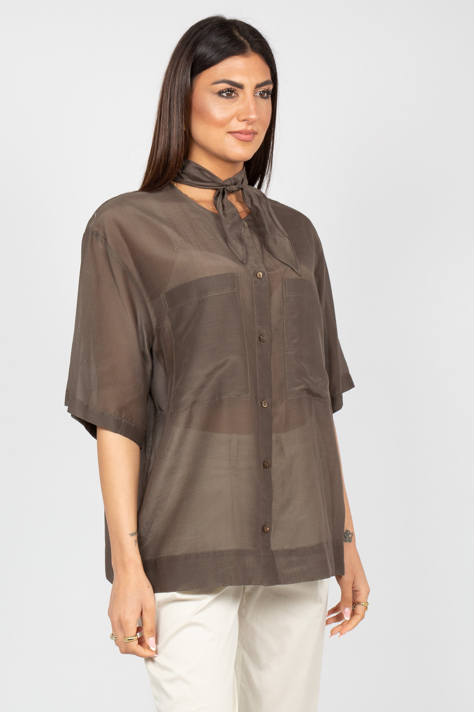 camicia in voile di cotone e seta M1AB0071 MARRONE SOLOTRE 