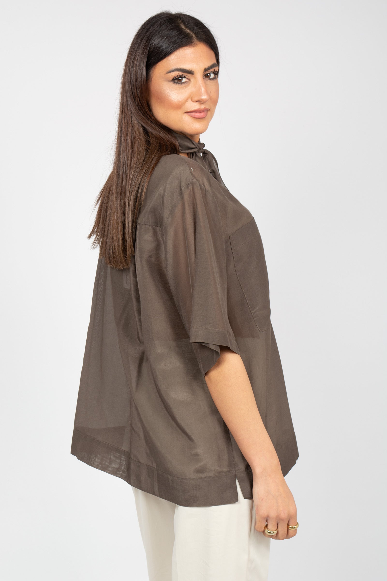 camicia in voile di cotone e seta M1AB0071 MARRONE SOLOTRE 