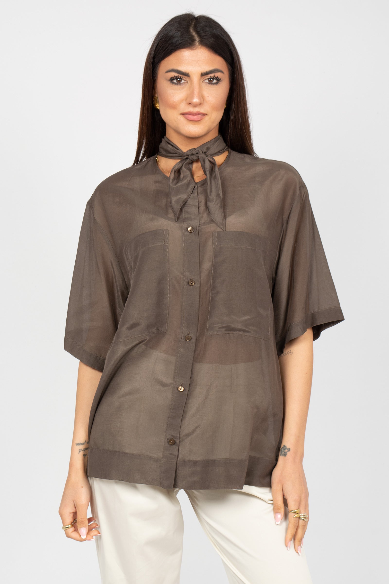 camicia in voile di cotone e seta M1AB0071 MARRONE SOLOTRE 
