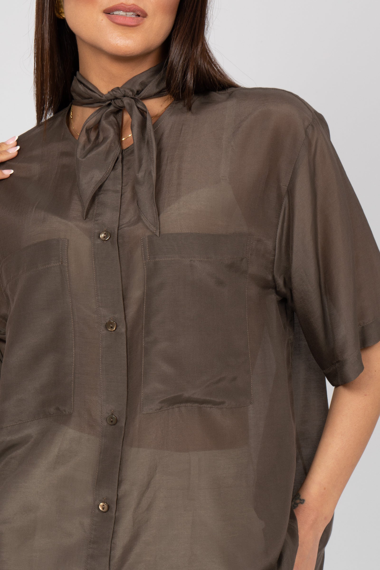 camicia in voile di cotone e seta M1AB0071 MARRONE SOLOTRE 