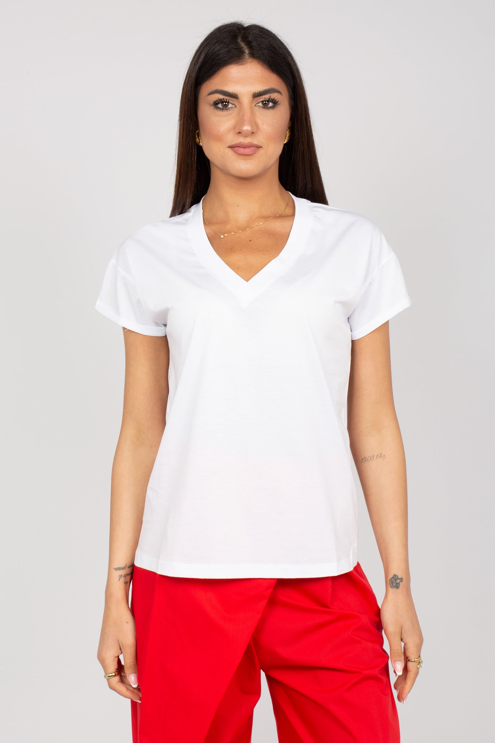 t-shirt scollo v in cotone M1AB0191 BIANCO SOLOTRE 