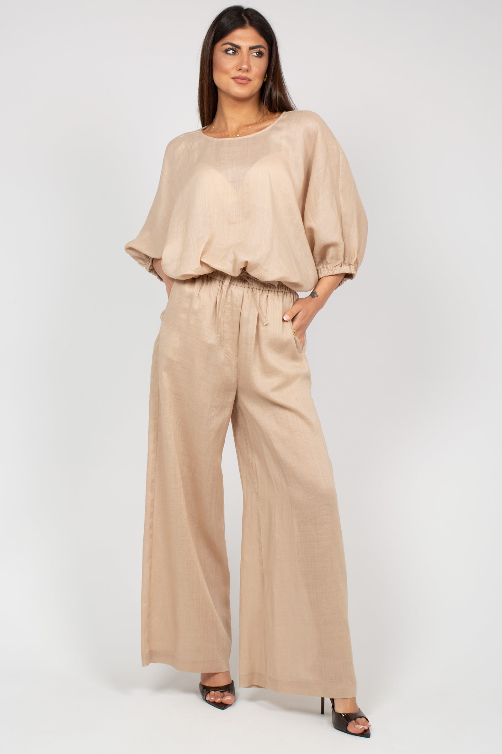 pantalone ampio in ramie M1AB0203 NATURALE SOLOTRE 