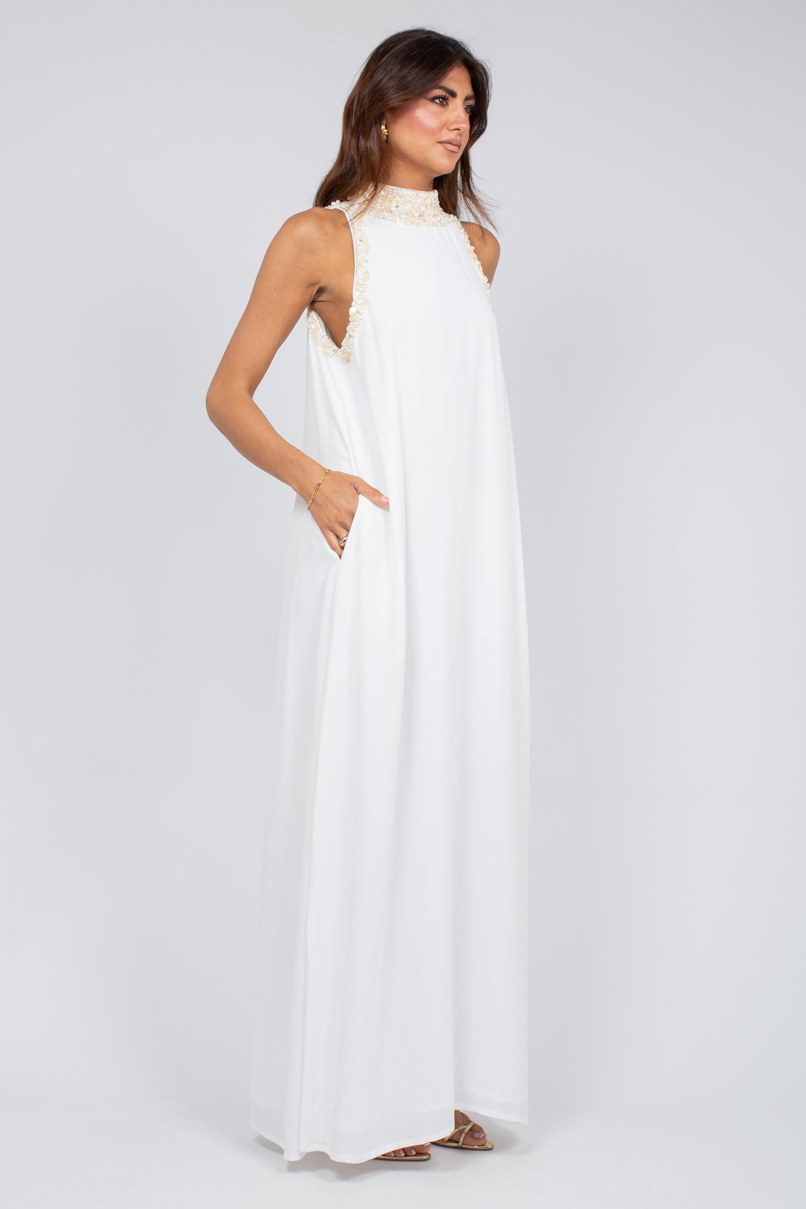 abito lungo con ricami al collo MS2623 WHITE MIRIAM STELLA 