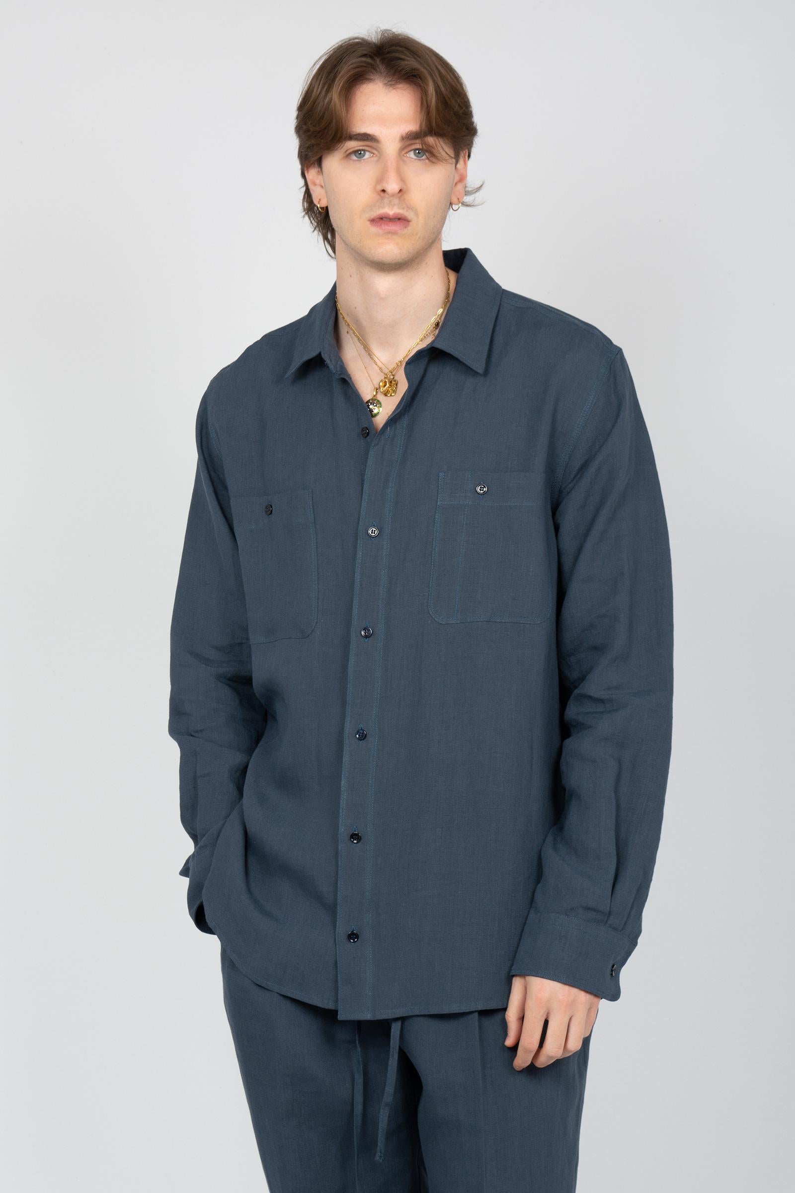 camicia oversize in lino B6AB0018 BLUE AMARANTO 