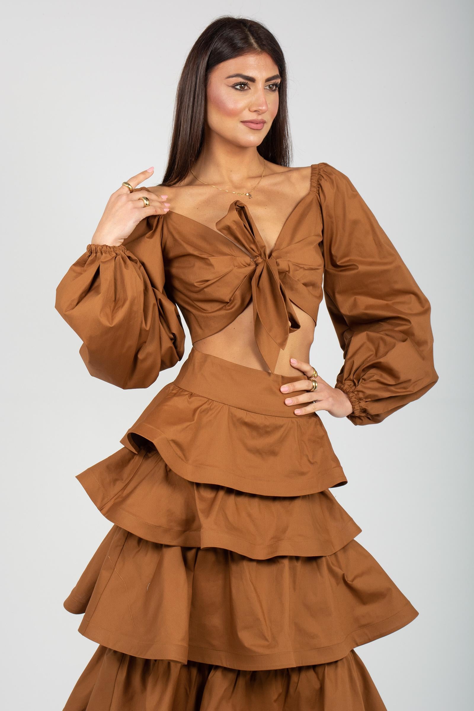 top con manica a sbuffo in cotone TO307ART16202 BROWN ACTUALEE 