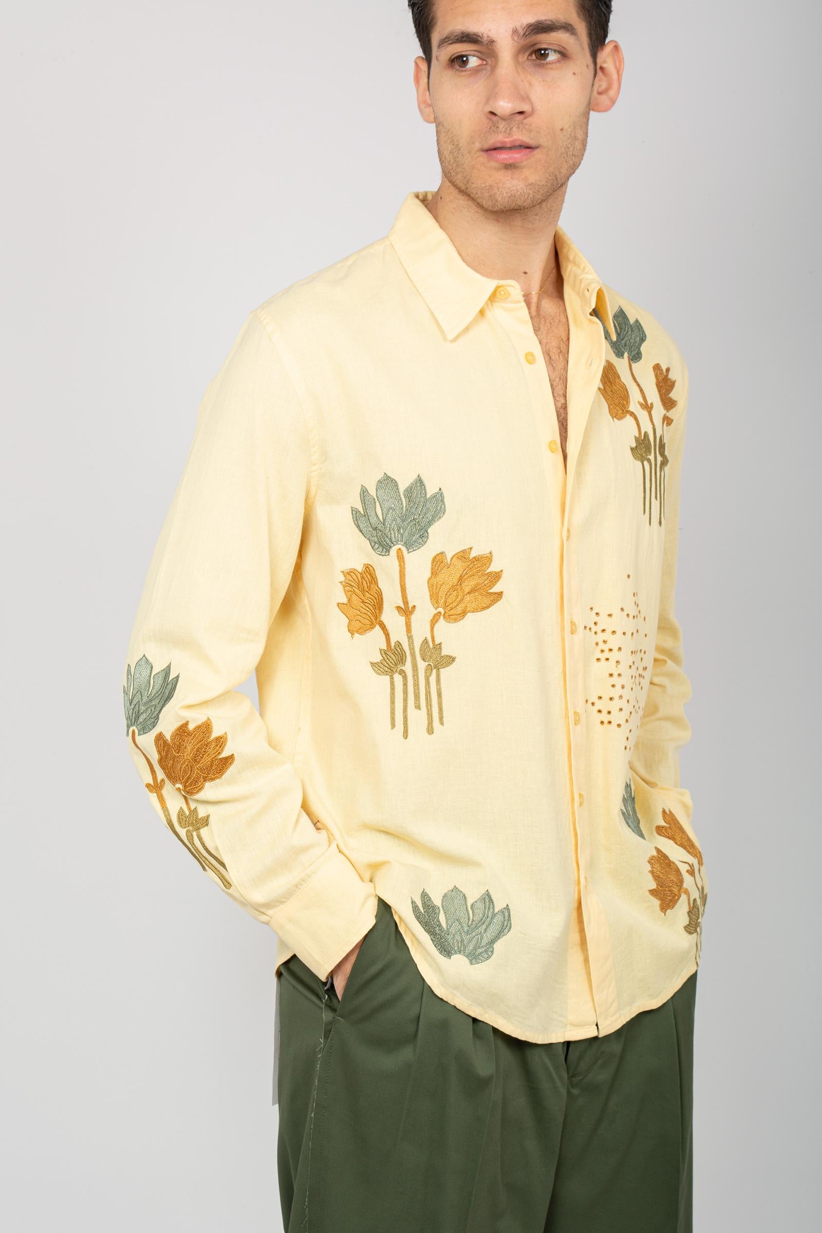 camicia ricamata in cotone e lino B6D0019 BANANA AMARANTO 