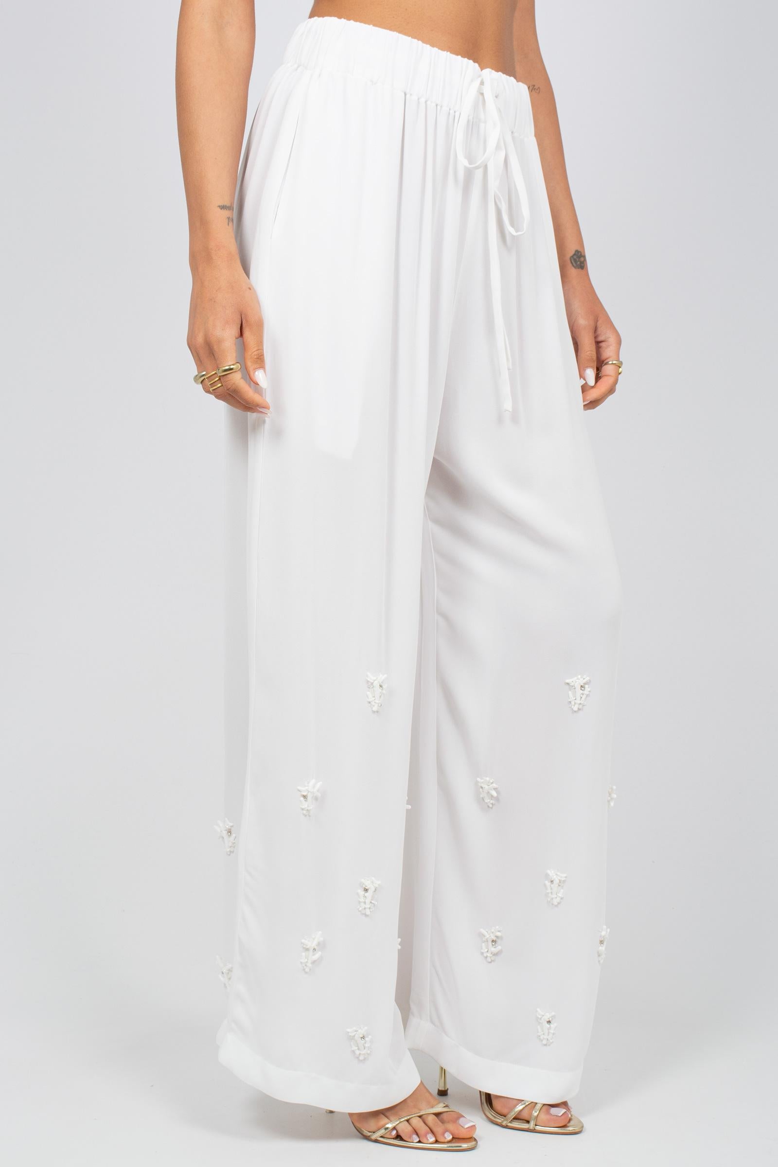 pantalone con ricamo coralli MS2652 WHITE MIRIAM STELLA 