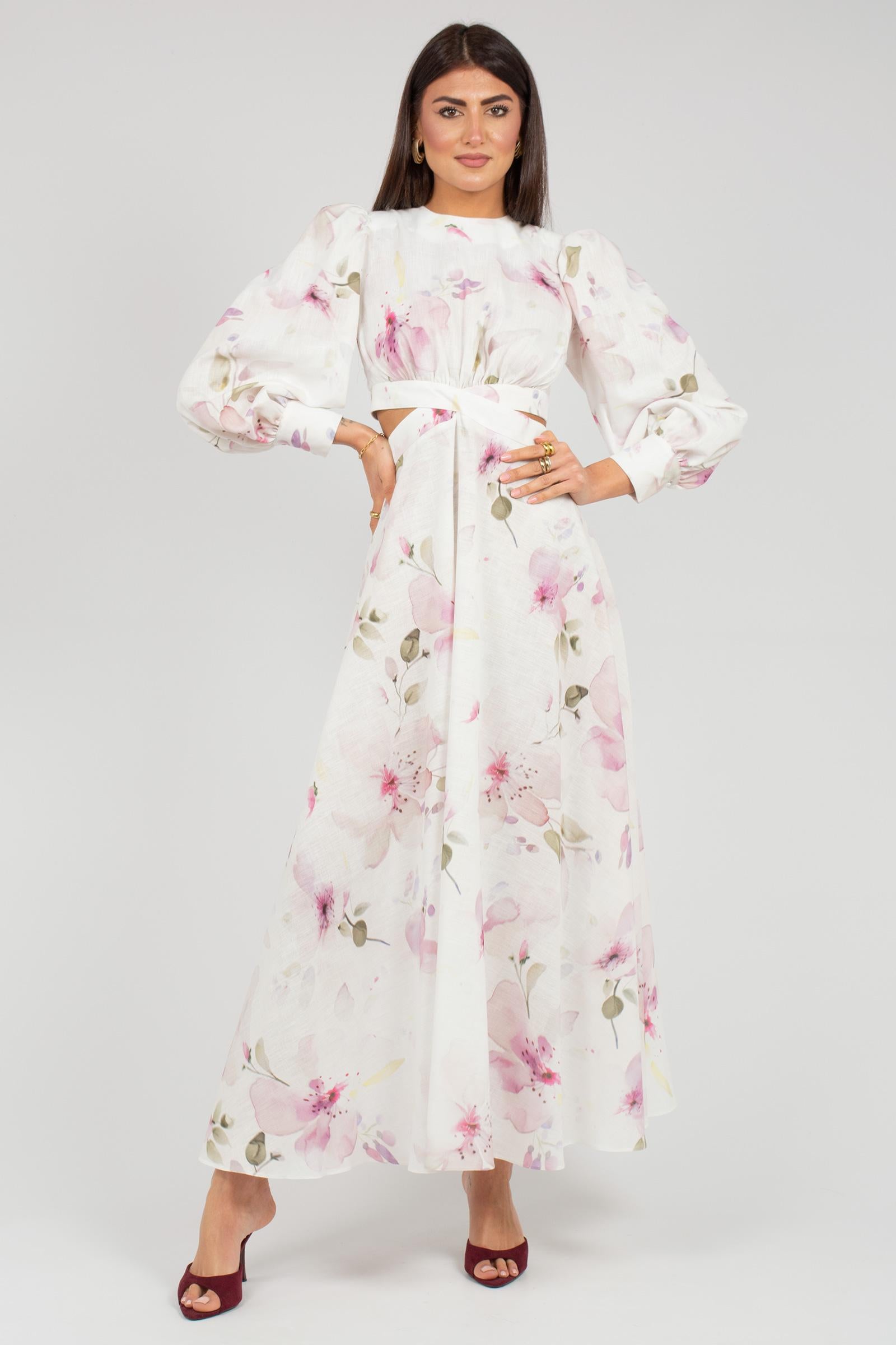 abito cut out in lino stampato AB4115ART16162 WHITE ACTUALEE 