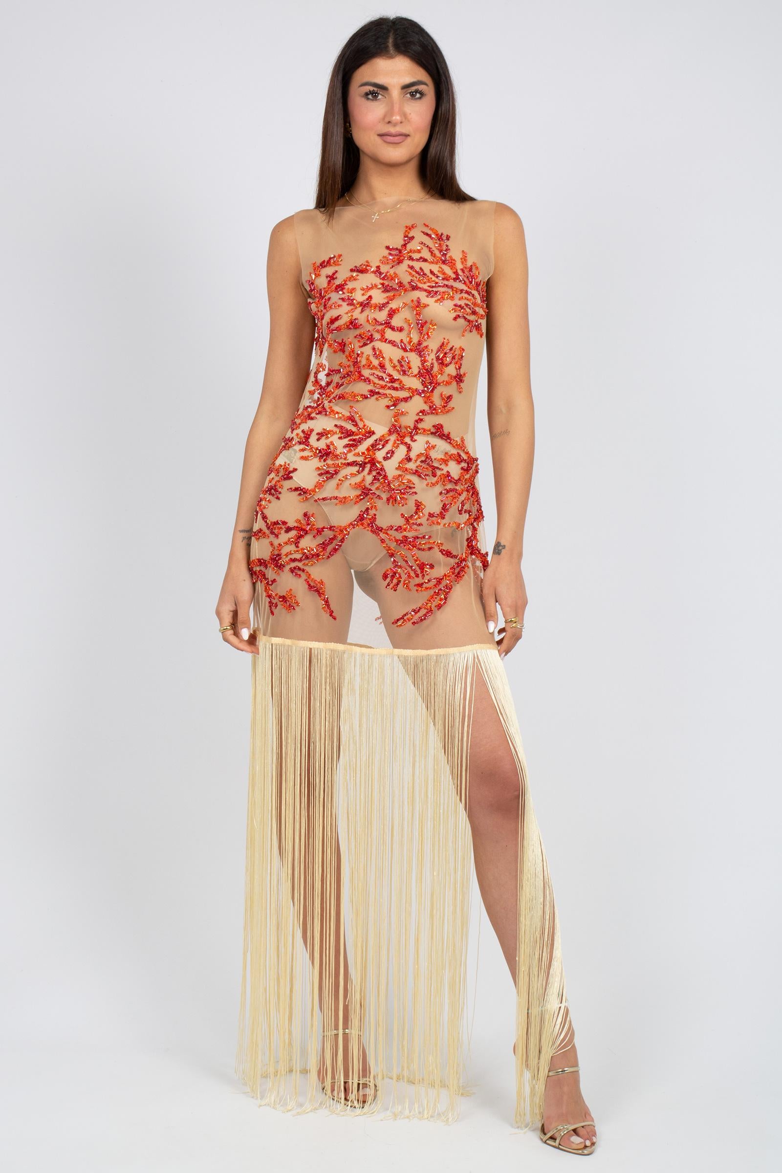 abito in tulle ricamato con frange MS2662 CORAL MIRIAM STELLA 
