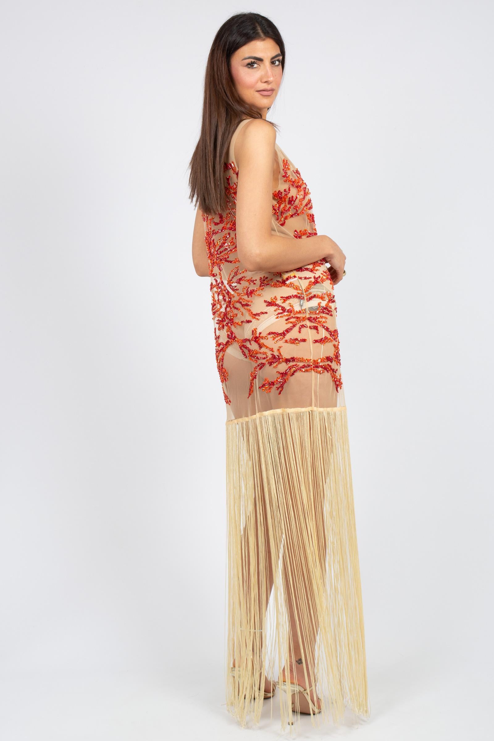 abito in tulle ricamato con frange MS2662 CORAL MIRIAM STELLA 