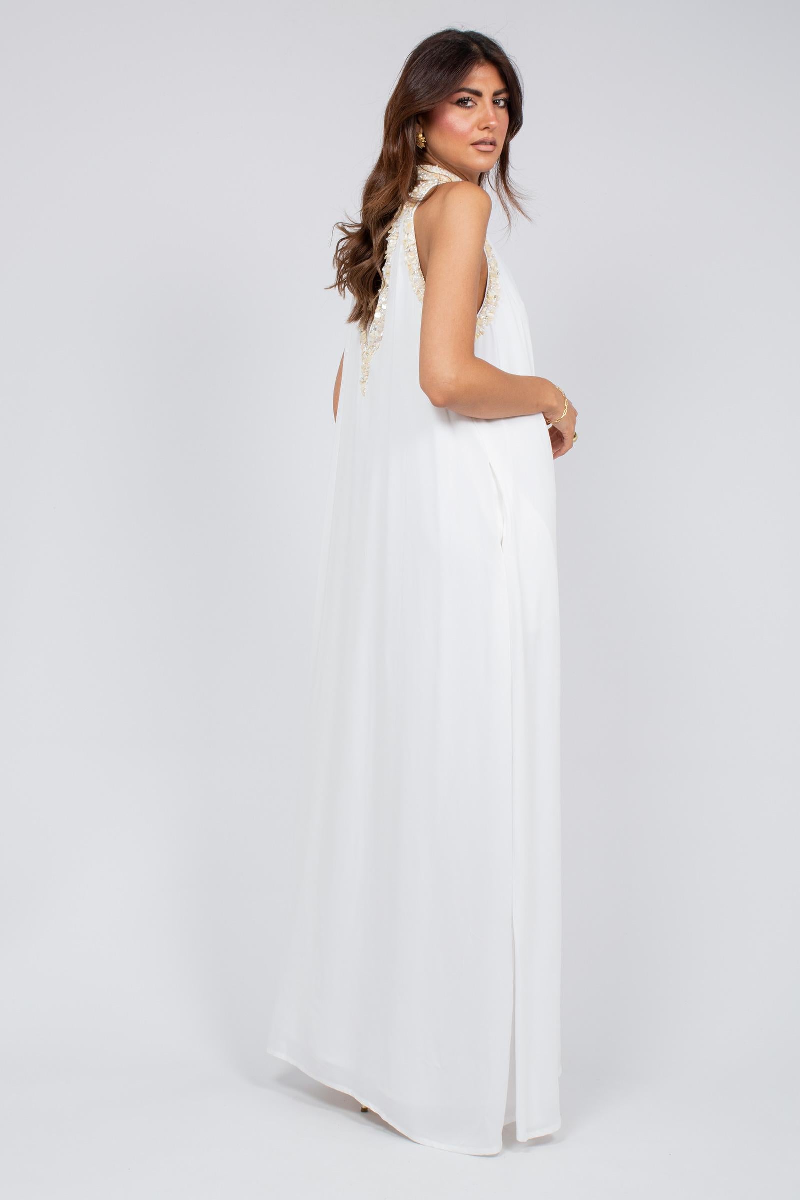 abito lungo con ricami al collo MS2623 WHITE MIRIAM STELLA 