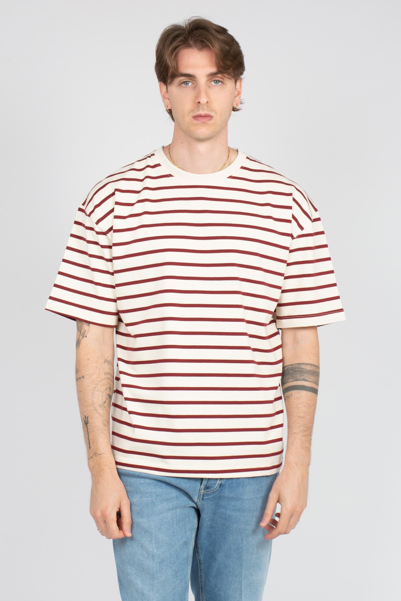 t-shirt a righe in cotone B6AB0013 BIANCOBORDEAU AMARANTO 