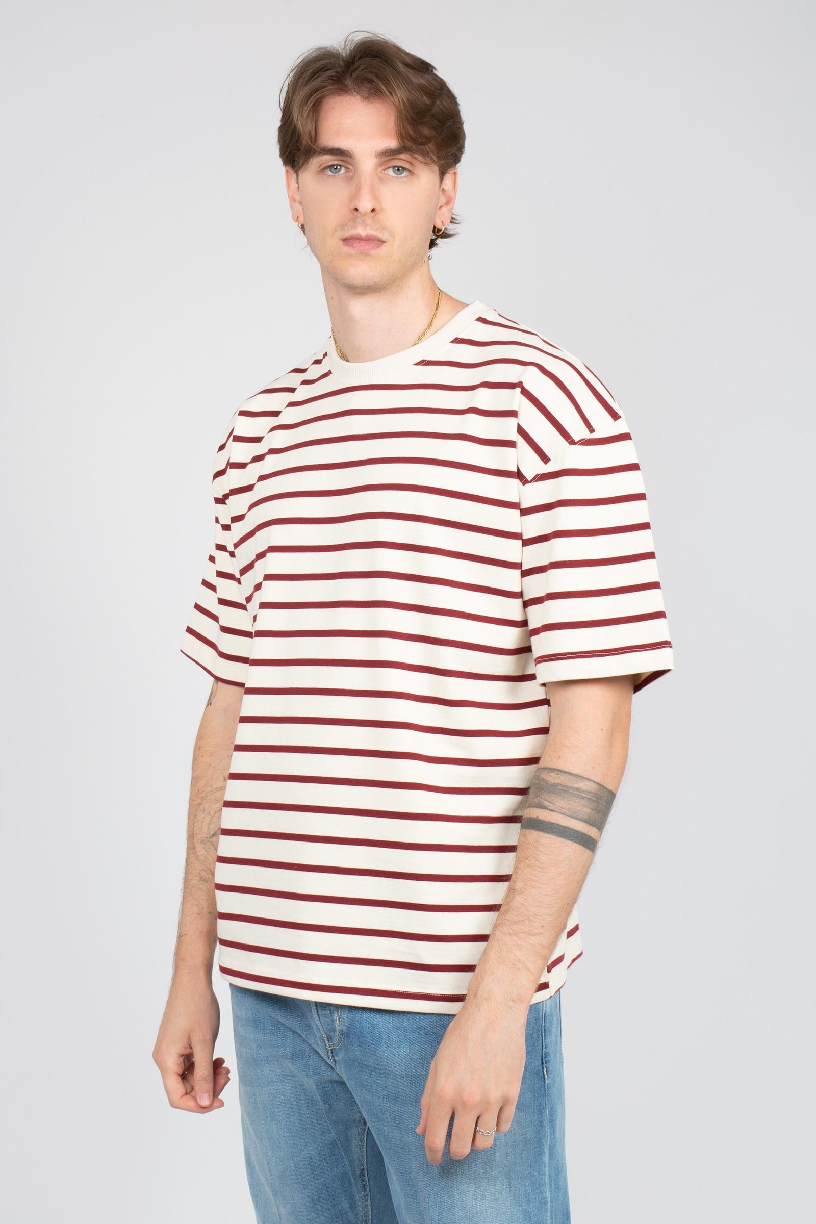 t-shirt a righe in cotone B6AB0013 BIANCOBORDEAU AMARANTO 