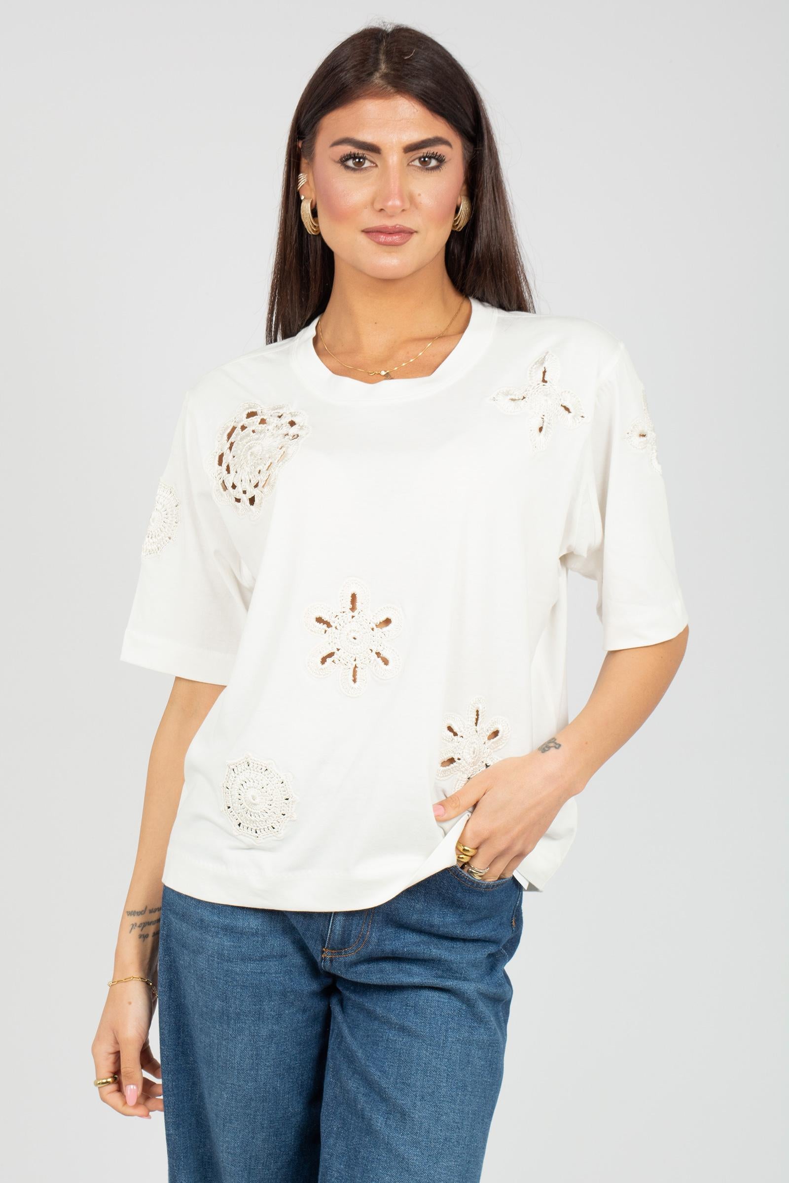 t-shirt in cotone con ricami macrame MJ2069820461 002 SEVENTY 