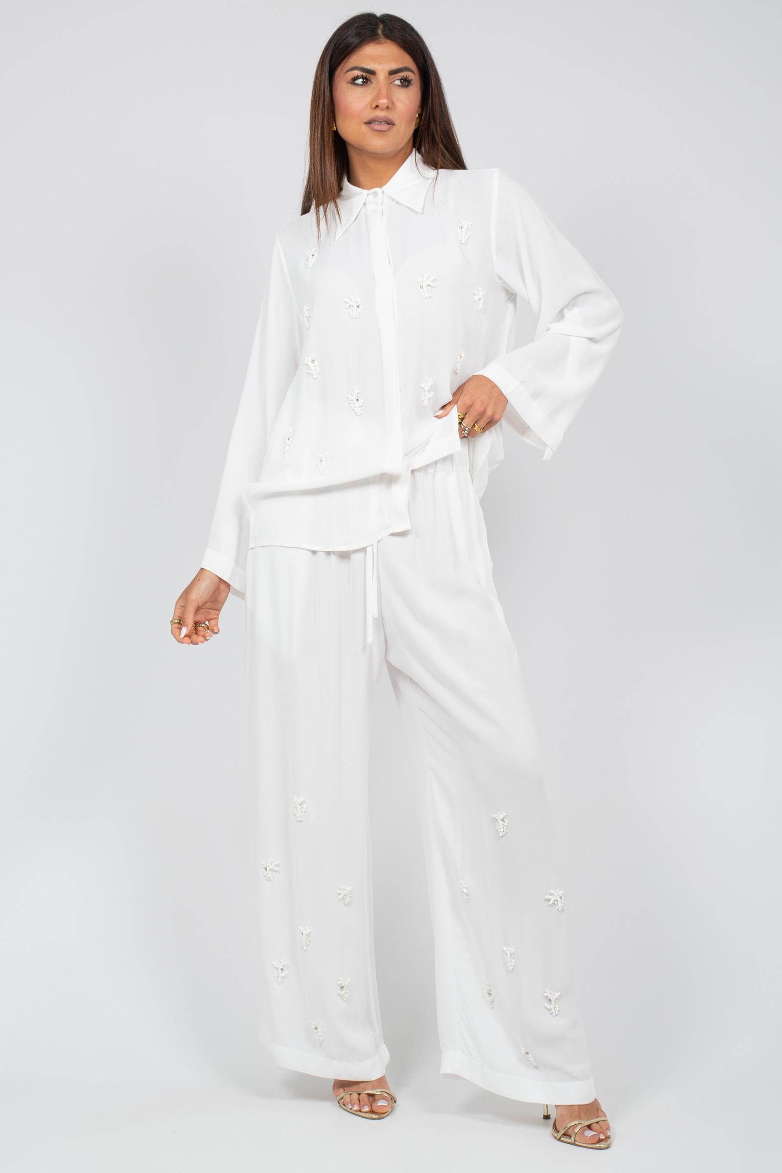 pantalone con ricamo coralli MS2652 WHITE MIRIAM STELLA 
