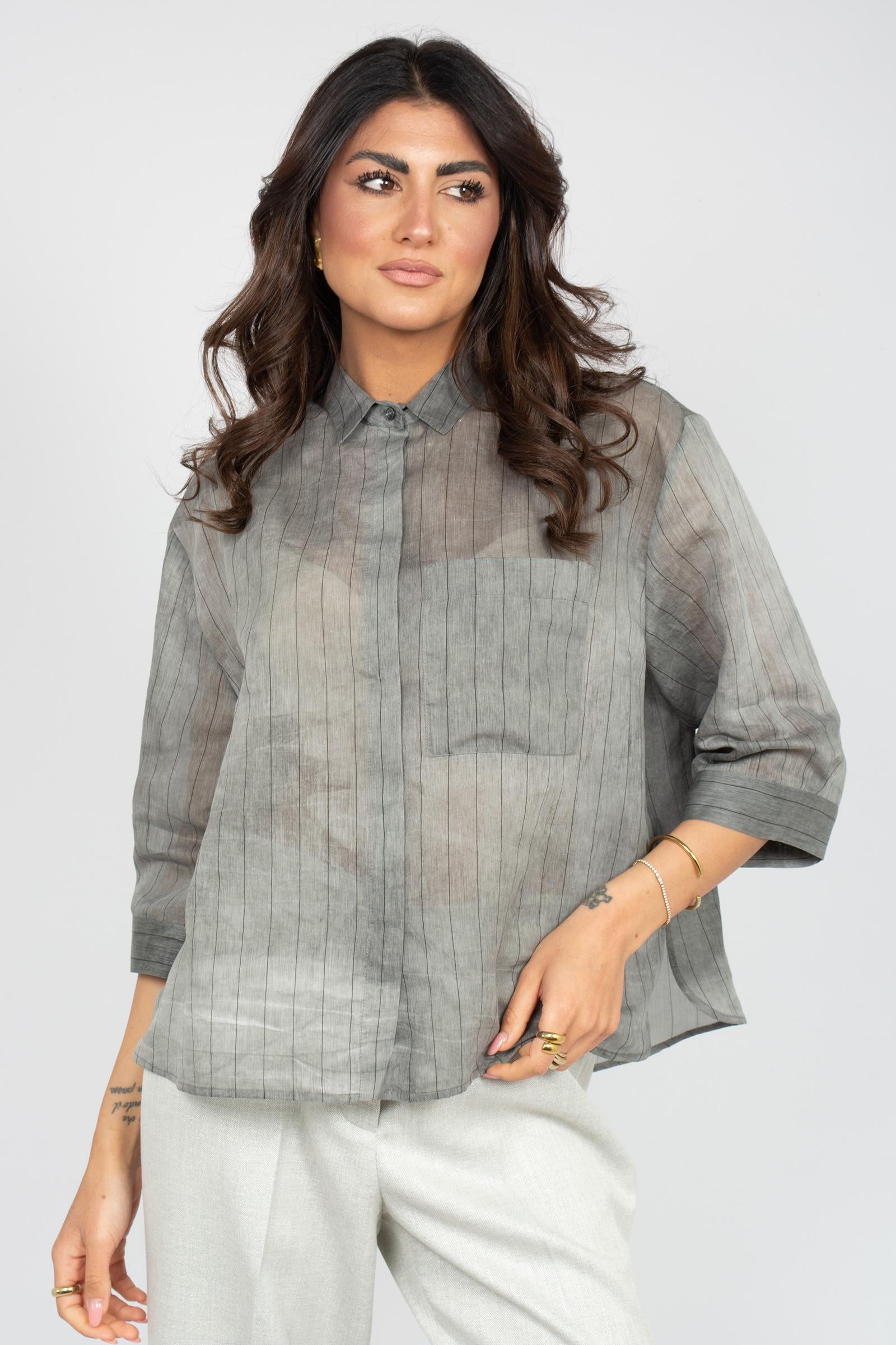 camicia gessata in cotone e seta E26620U50 79 BIANCALANCIA 