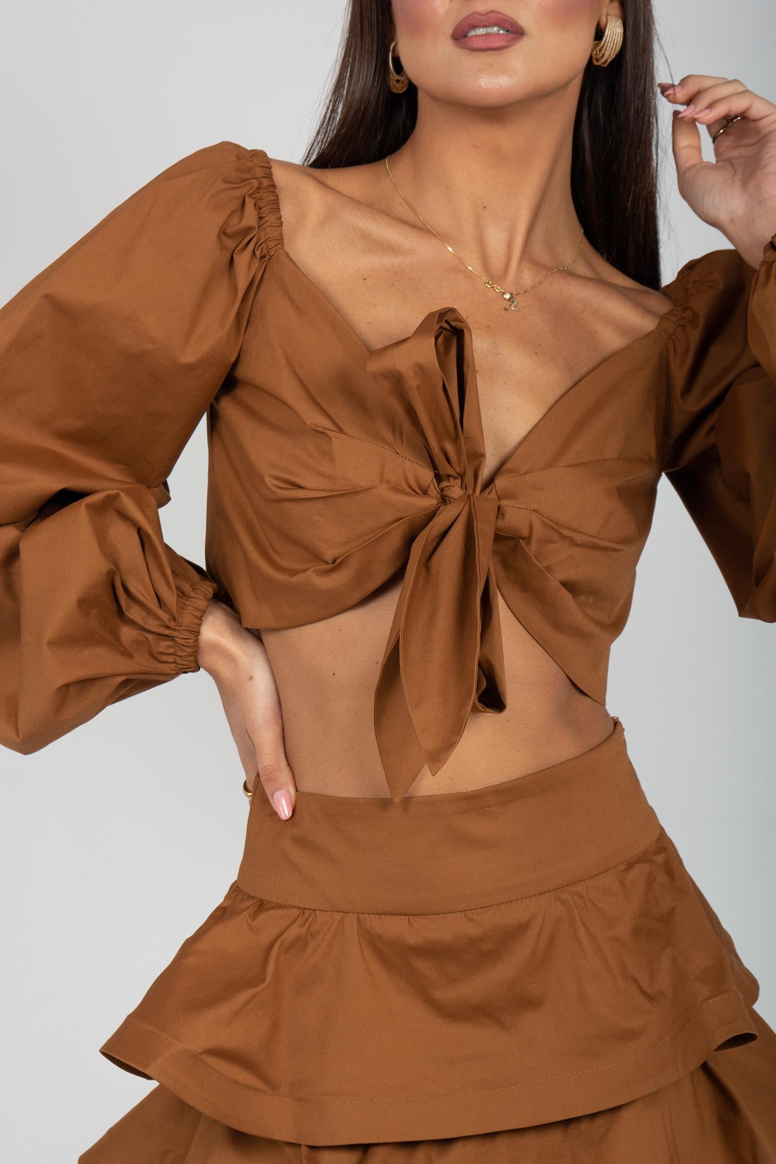 top con manica a sbuffo in cotone TO307ART16202 BROWN ACTUALEE 