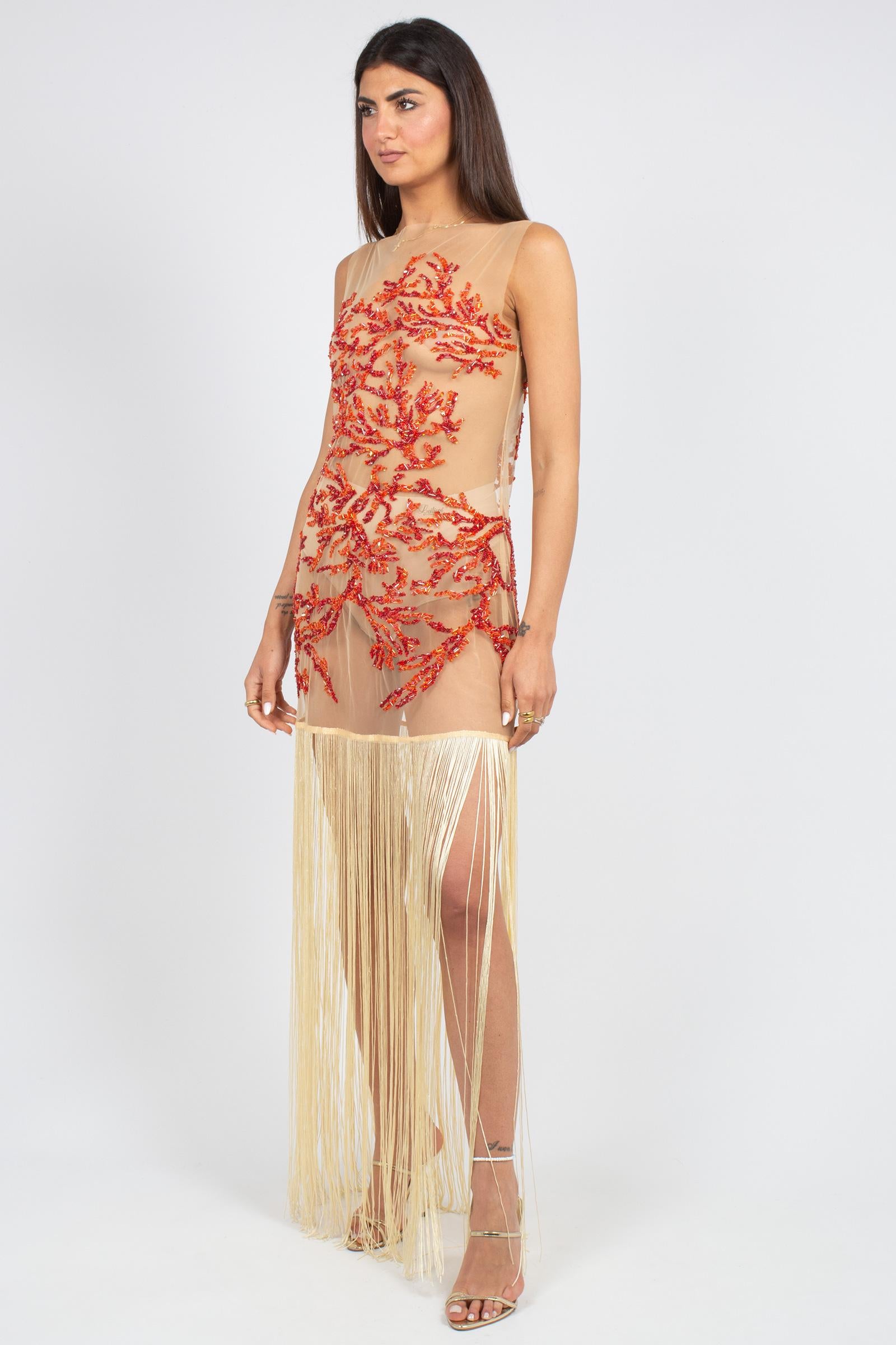 abito in tulle ricamato con frange MS2662 CORAL MIRIAM STELLA 