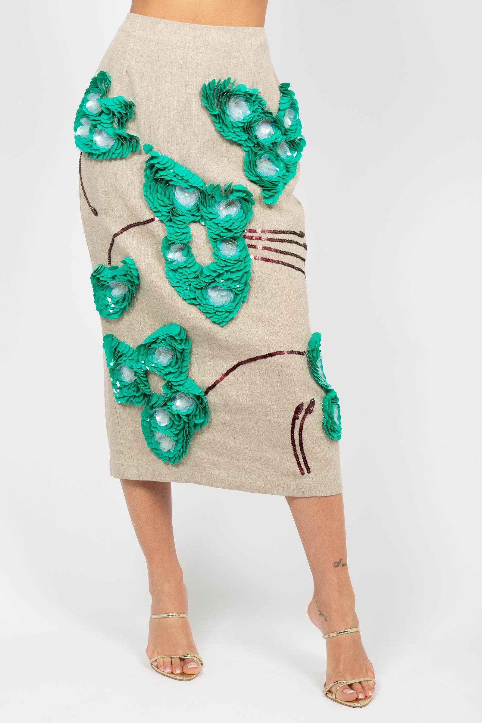 gonna longuette in lino ricamato M1AB0120 NATURALE SOLOTRE 